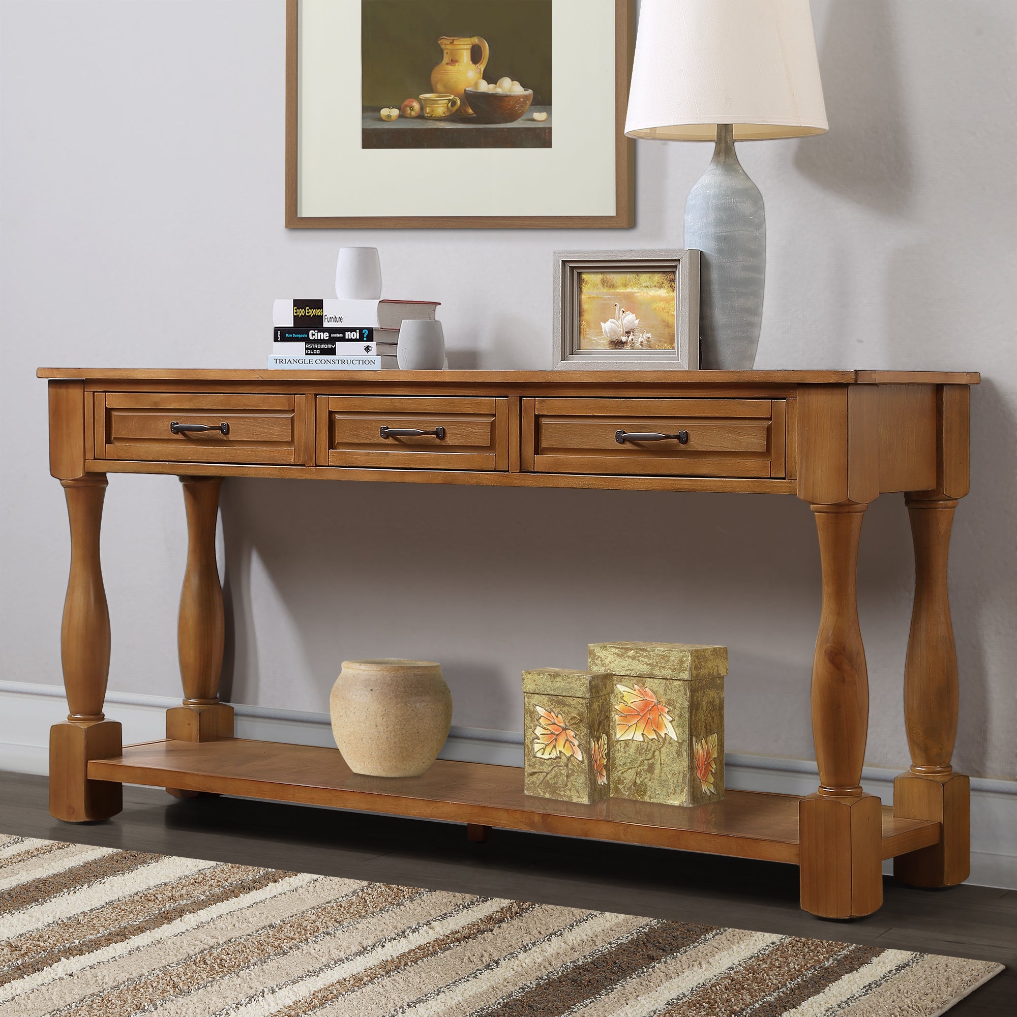 Mid-century entryway console table bottom shelf full view