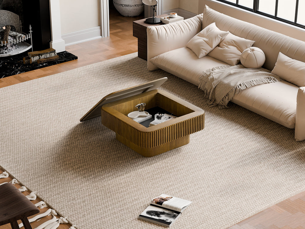 31.5'' Square Coffee Table with Storage Solid Wood Veneered Modern Coffee Table Accent Tea Table for Living Room, Bedroom, Apartment or Office, Natural Wood