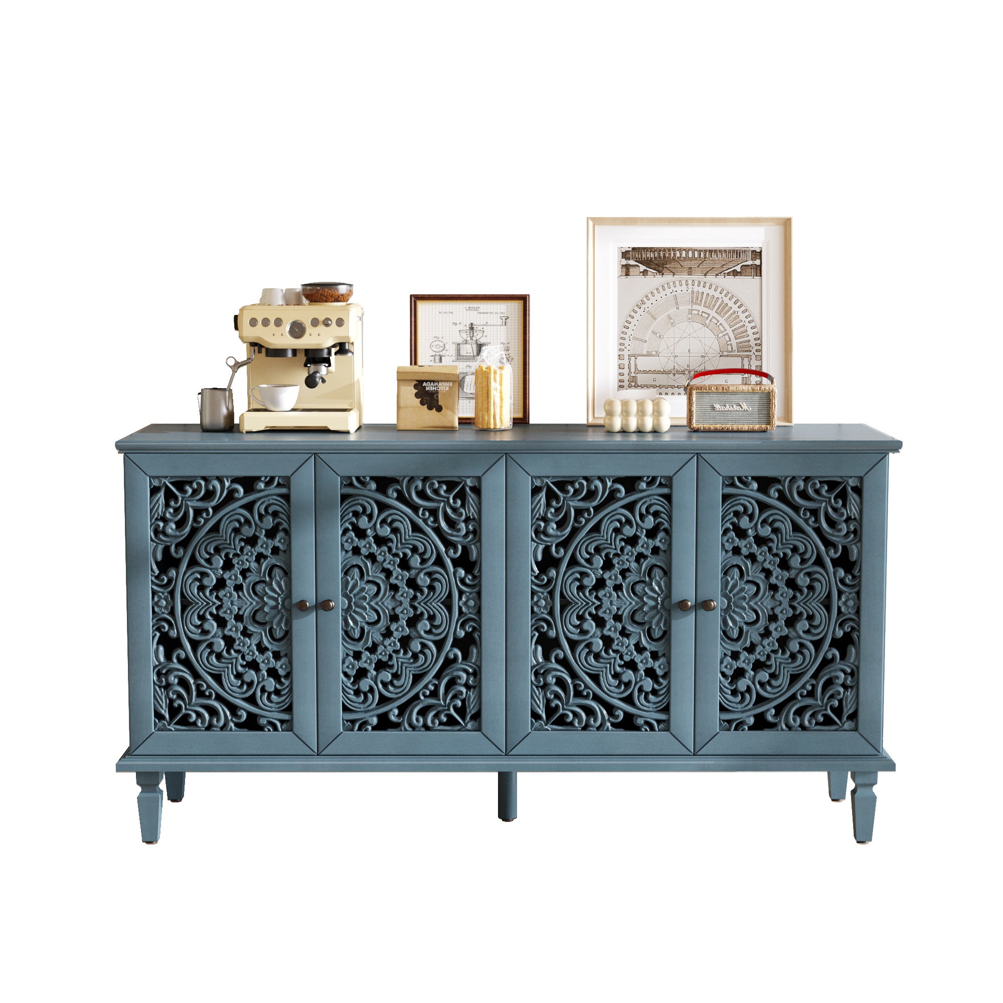 Antique blue media console buffet cabinet full view