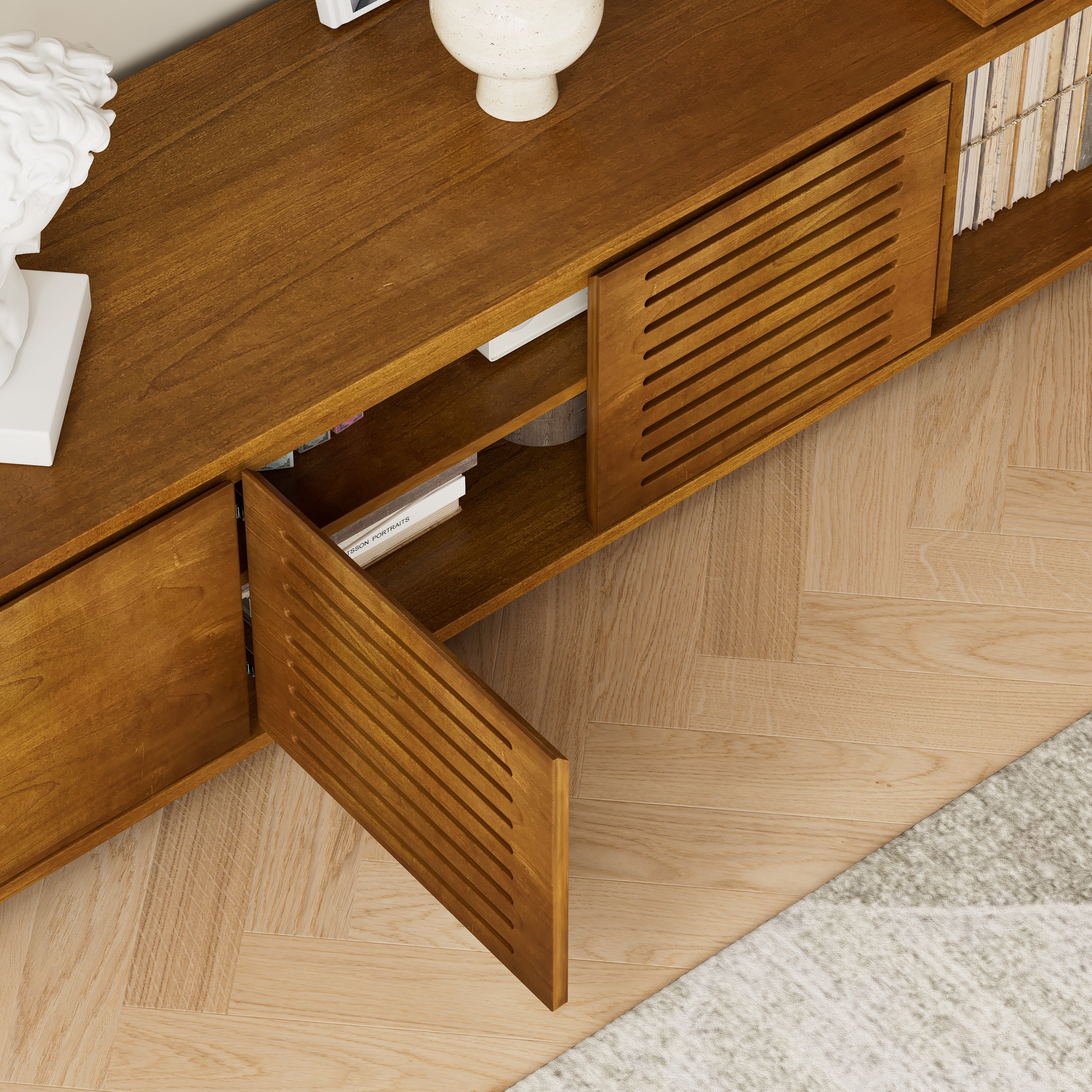 Brown ebony entertainment center with real wood veneer detail