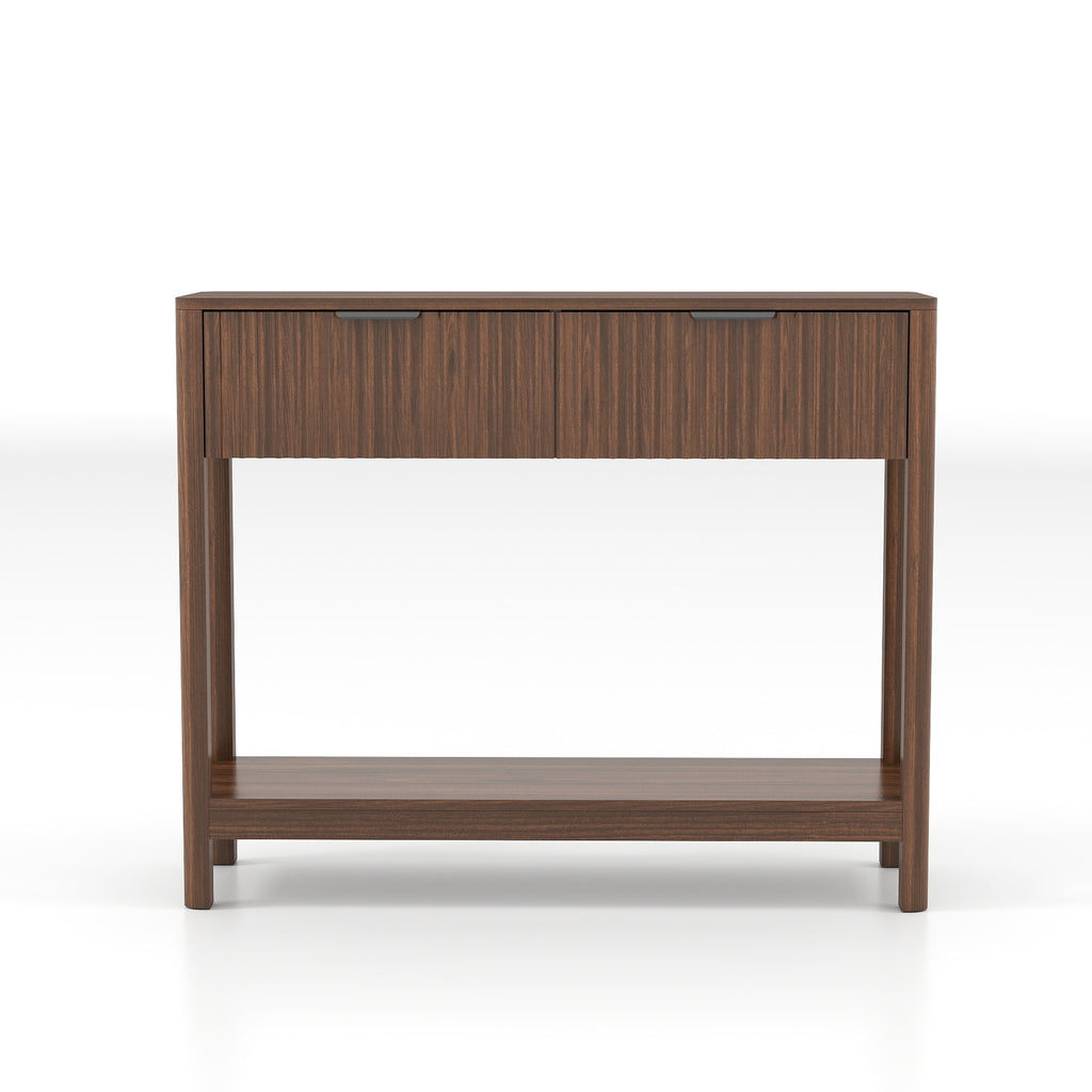 Slim walnut console table two drawer storage organization