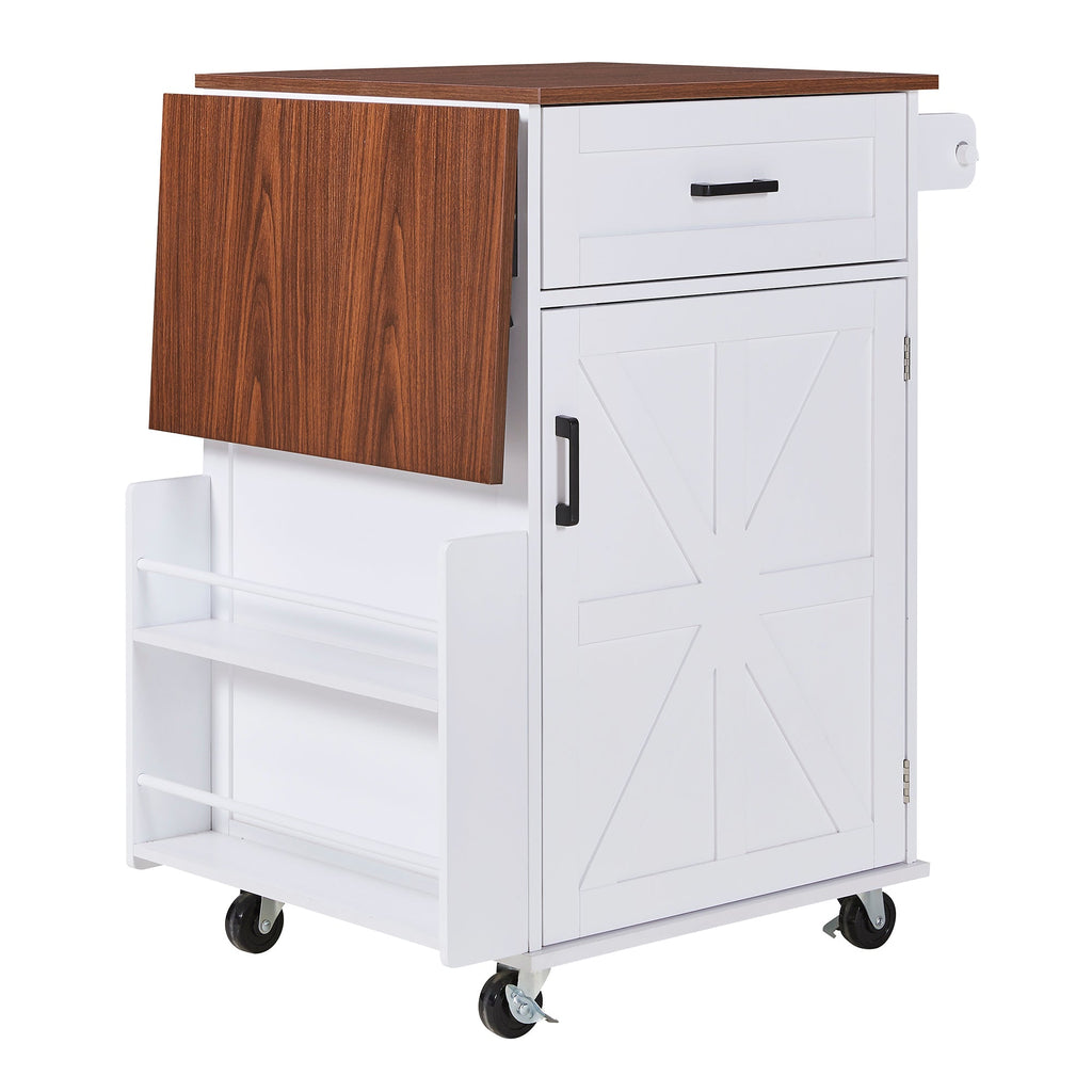 K&K 39.3' Farmhouse Kitchen Island with Drop Leaf, Kitchen Storage Island with Open Side Rack, One Drawer, Towel Rack, Rolling Kitchen Cart with Lockable Wheels for Lawn Garden, Black