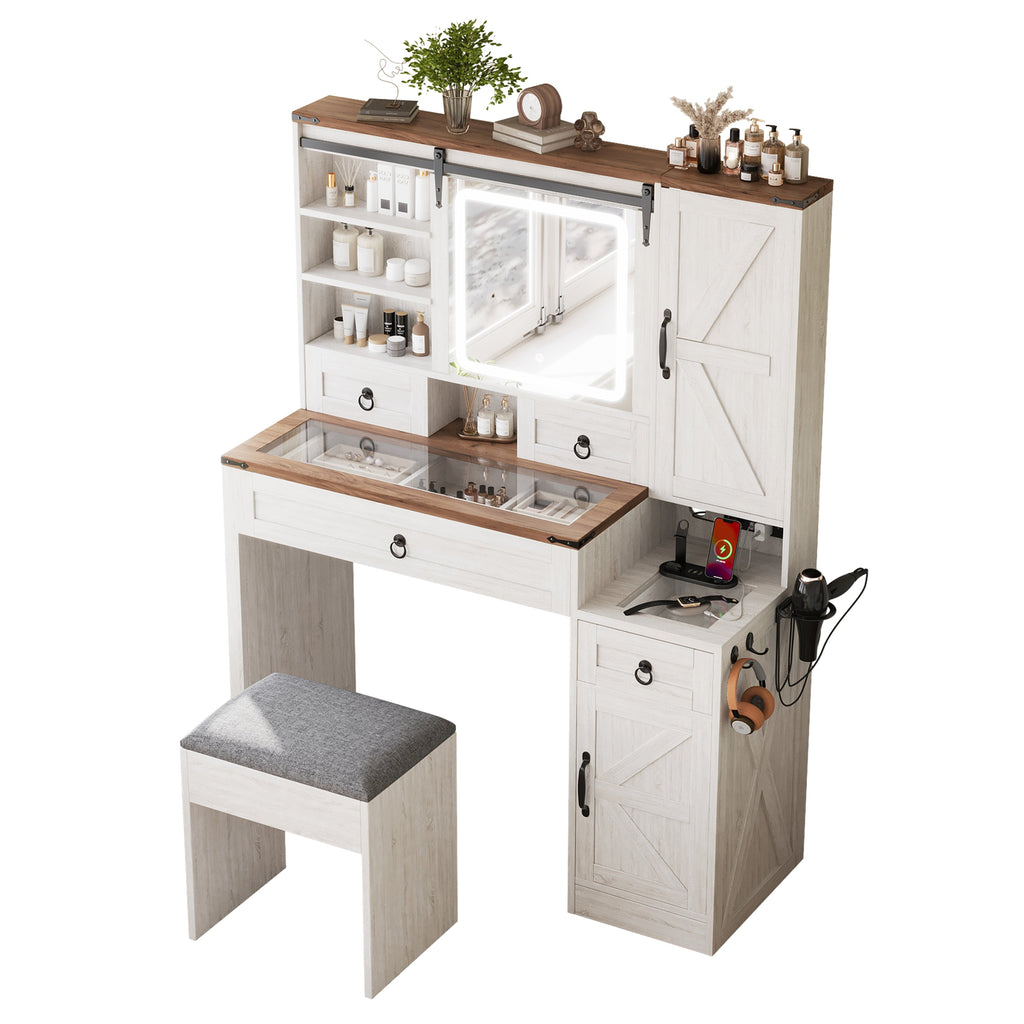 Farmhouse Vanity Desk with Sliding Mirror and Lights, Vanity Set with Glass Top and Charging Station ,Dressing Table with 4 Drawers and 2 Cabinets, Dressing Table with Stool for Bedroom, Gray