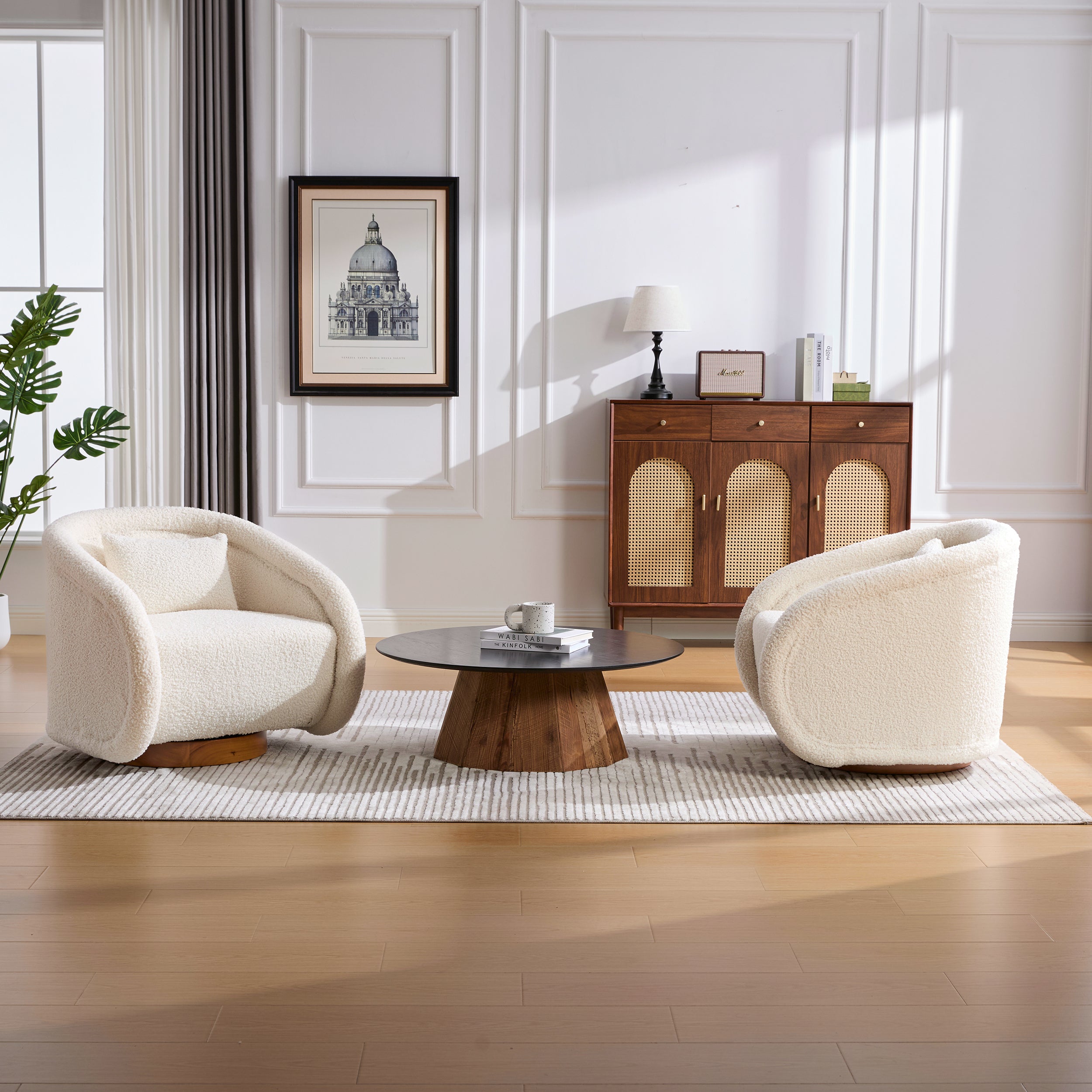 Modern white barrel chair full product photo