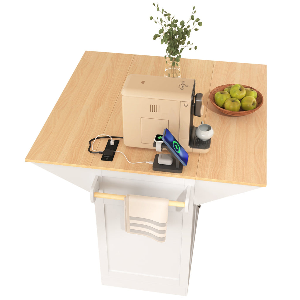 K&K 55.7'' Large Kitchen Island with 2 Drop Leaf,, Rolling Kitchen Cart on 5 Wheels with Power Outlet, Folding Storage Dining Table with Spice & Towel Rack , 3 Drawers, for Kitchen, Dining Room,Black