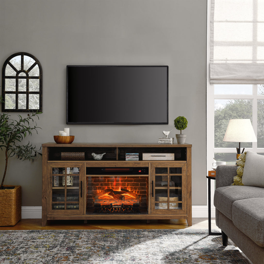 55-inch reclaimed barnwood media console with built-in electric fireplace