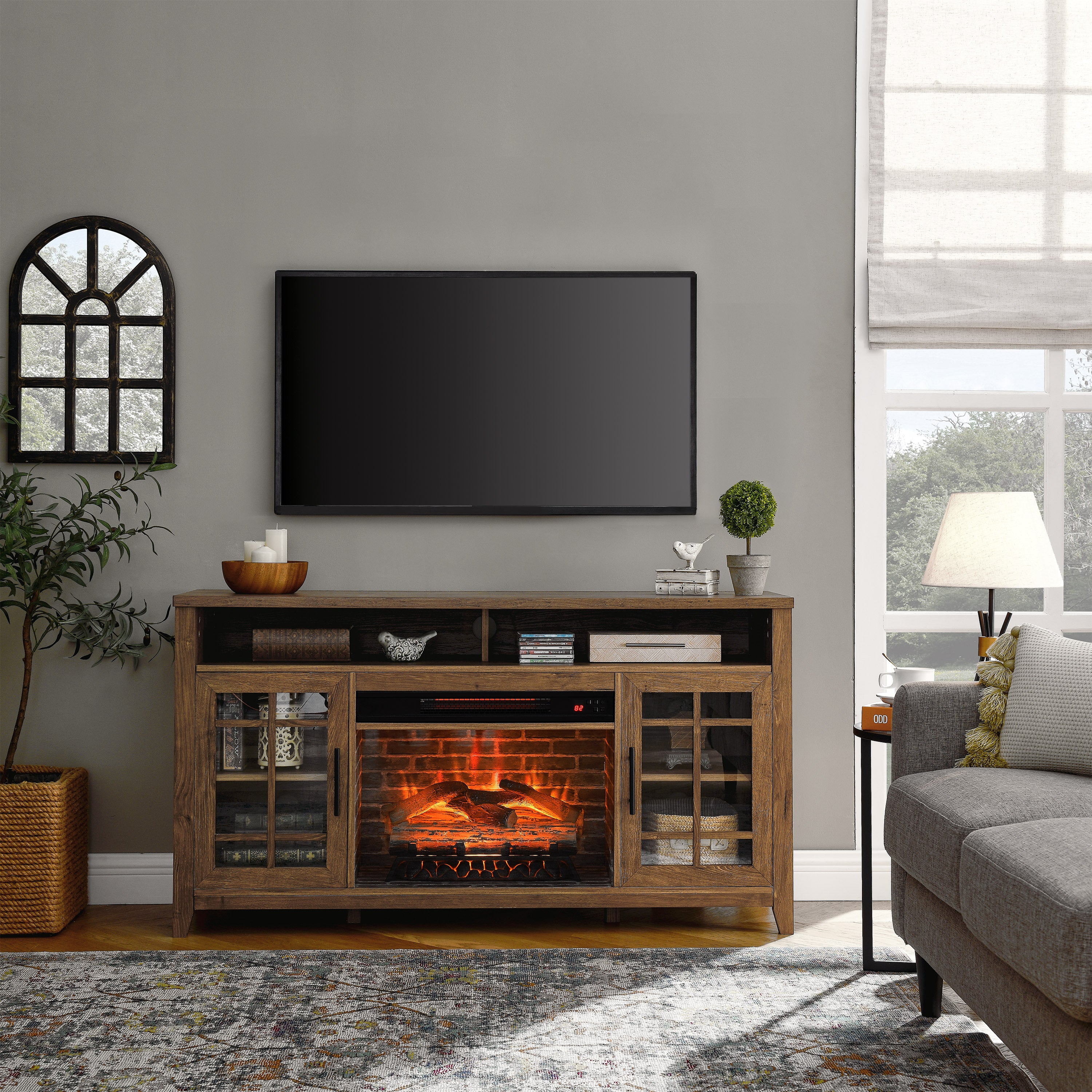 55-inch reclaimed barnwood media console with built-in electric fireplace