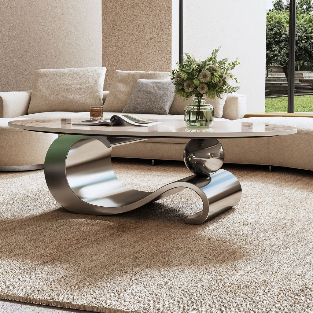 Grey faux marble oval coffee table product photo