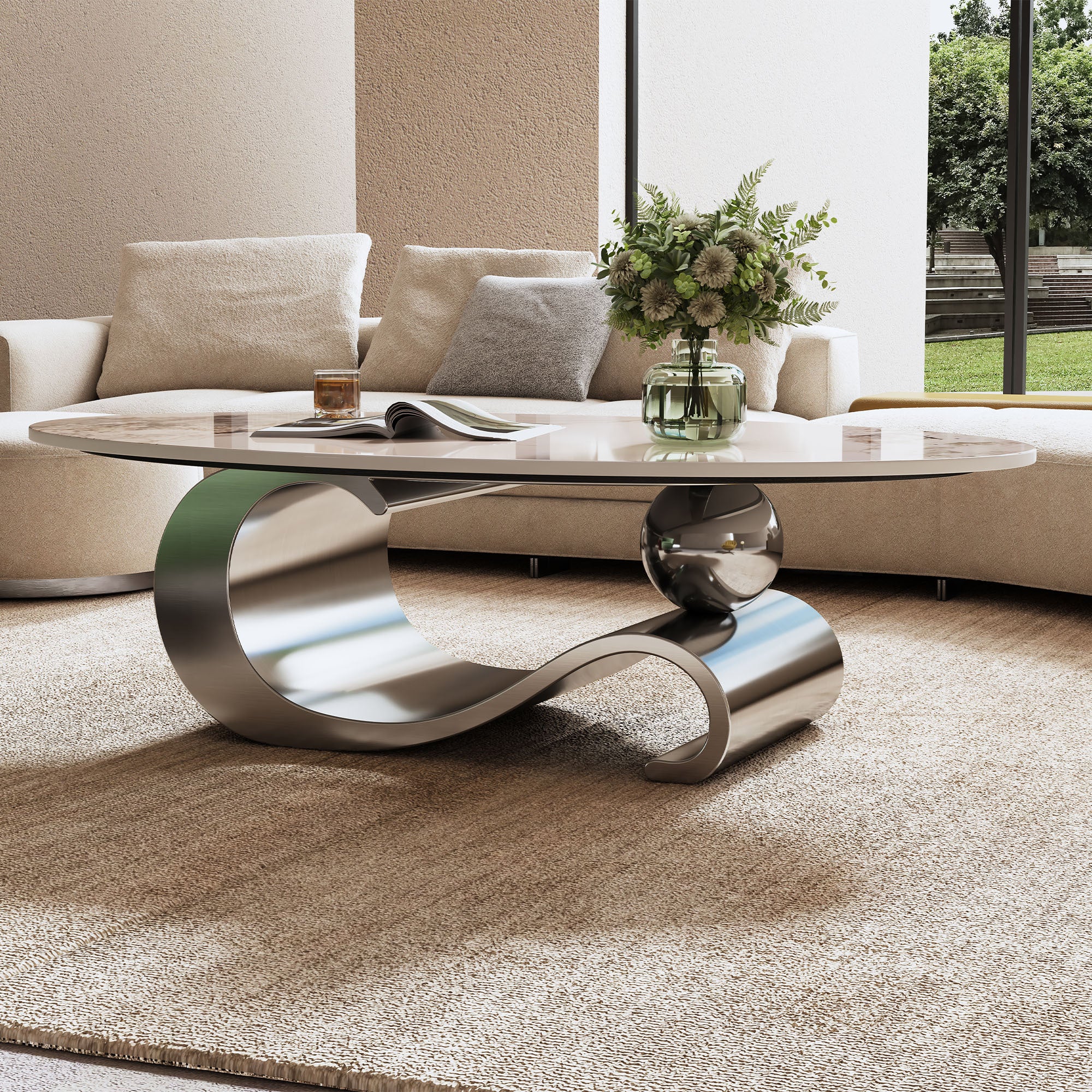 Grey faux marble oval coffee table product photo