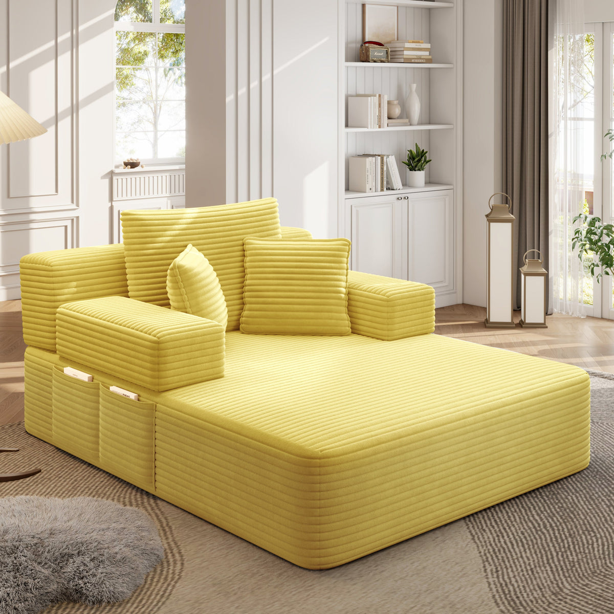 Oversized Plush Corduroy Chaise Lounge Sofa Bed,Convertible Sleeper Couch Bed w/ Storage Pockets,3 Soft Pillows,Multi-Functional Frameless Sofa Couch for Apartment,Home Theater,Guest Room,Beige&White