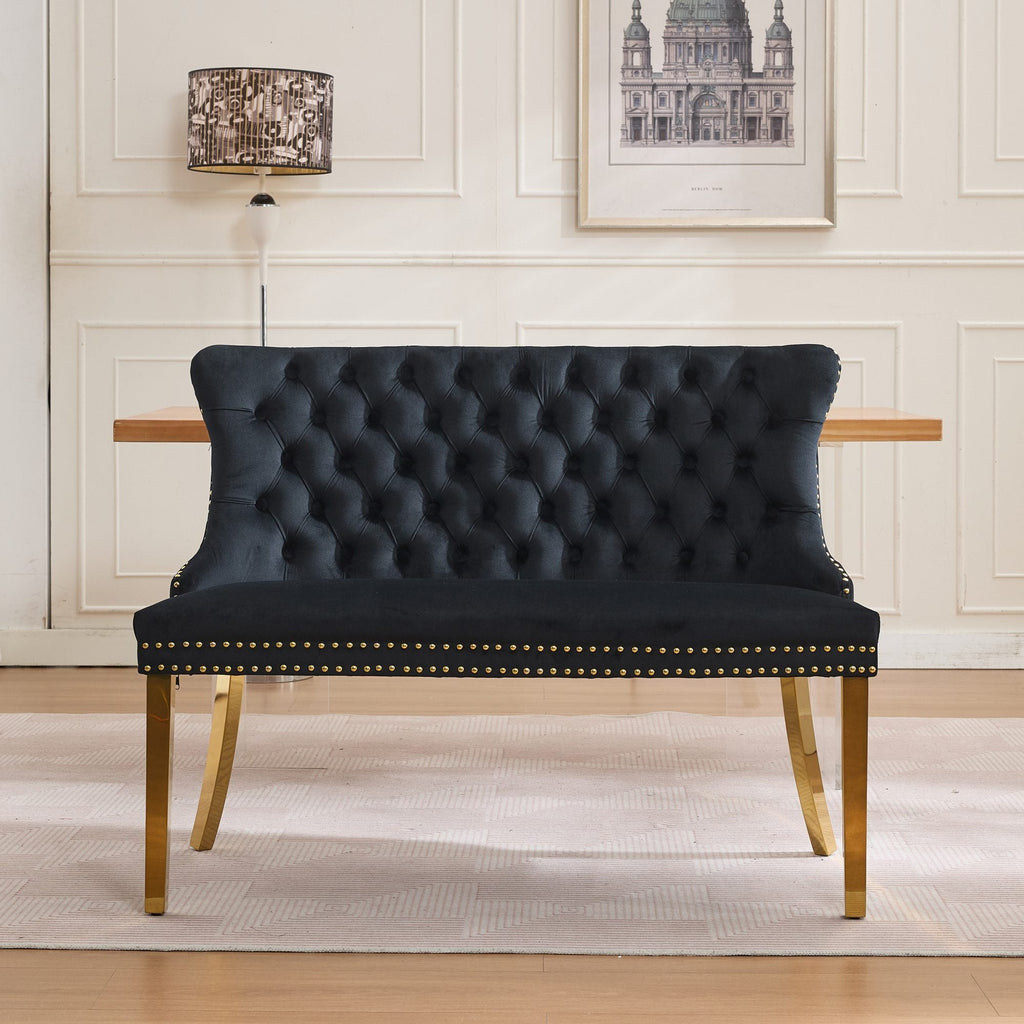 Velvet Double Dining Loveseat Bench, Kitchen & Dining Seating, 2-Seat Tufted Bench w/Handmade Buttons, Wing Back, Brushed Silver Stainless Steel Legs, Mid Century Modern,Single Pack,Gray,SW1702GY