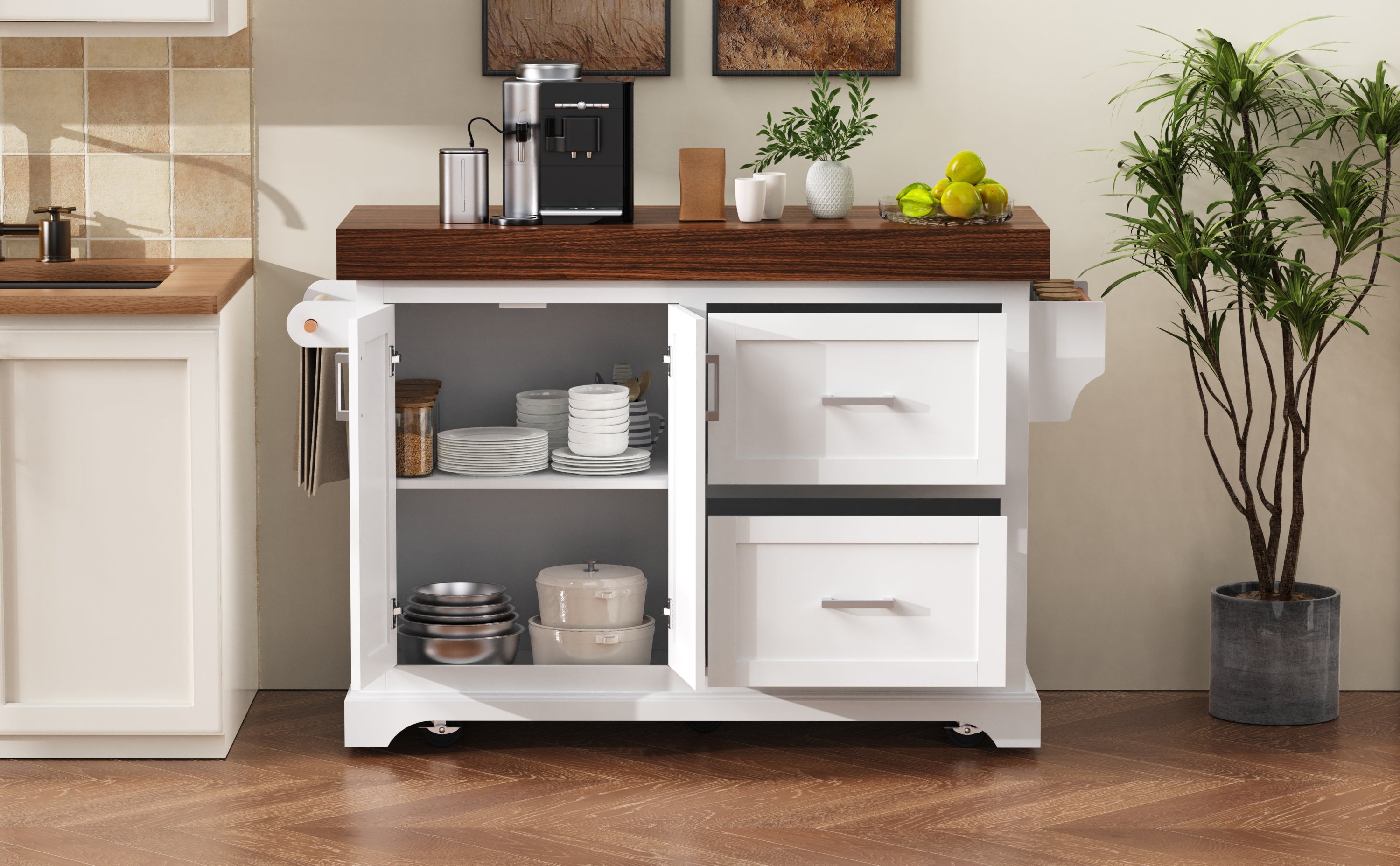 K&K 53' Large Kitchen Island with 3.5' Thick Desktop, Spice and Towel Racks, Rolling Kitchen Island with Storage on 5 Wheels, 2 Extra-large Drawers, for Home, Kitchen, Dining Room, Black