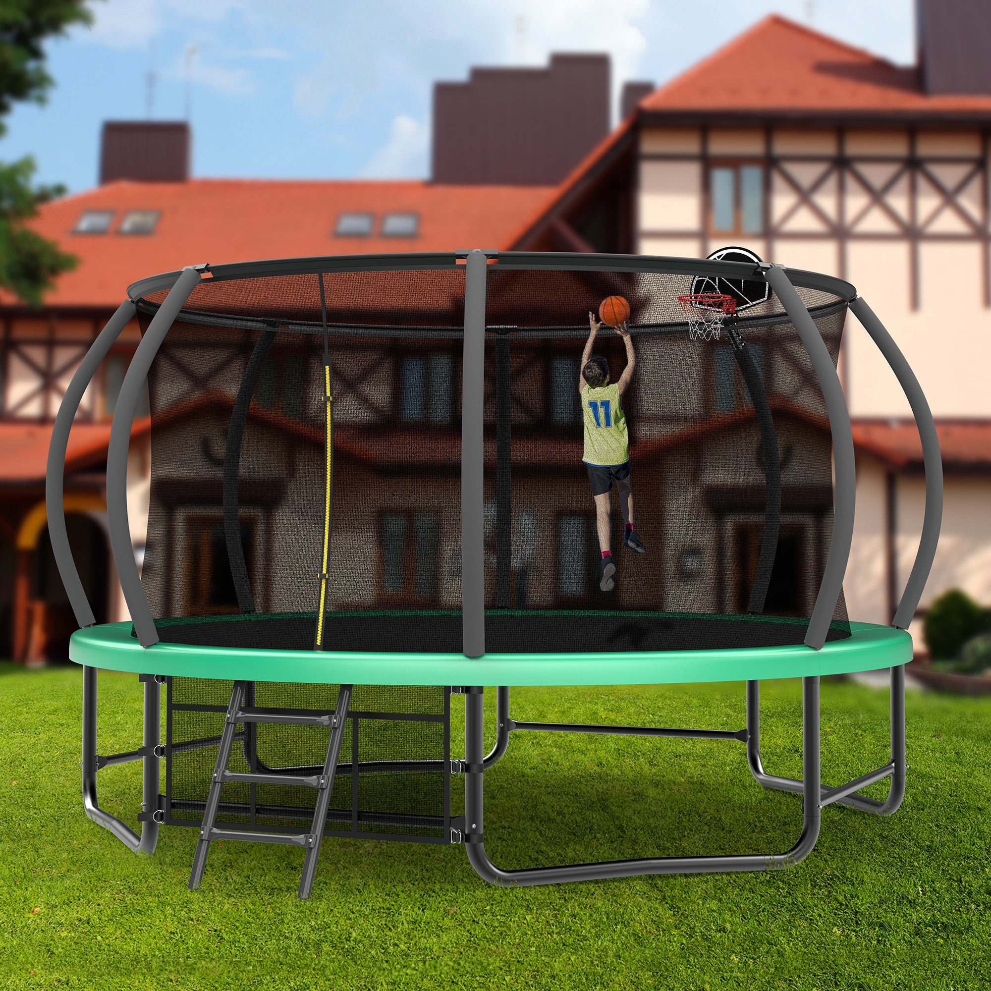 Green 14-foot recreational trampoline full backyard product display