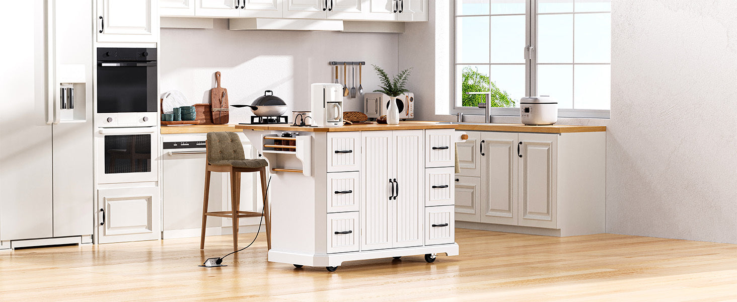 K&K 56 inch Kitchen Island with Rubber Wood Veneer Drop Leaf, Power Outlet, 4 Door Shelves, Embossed Vertical Stripe Rolling Kitchen Cart on 4 Wheels with 6 Deep Drawers for Kitchen, Dining Room,Black