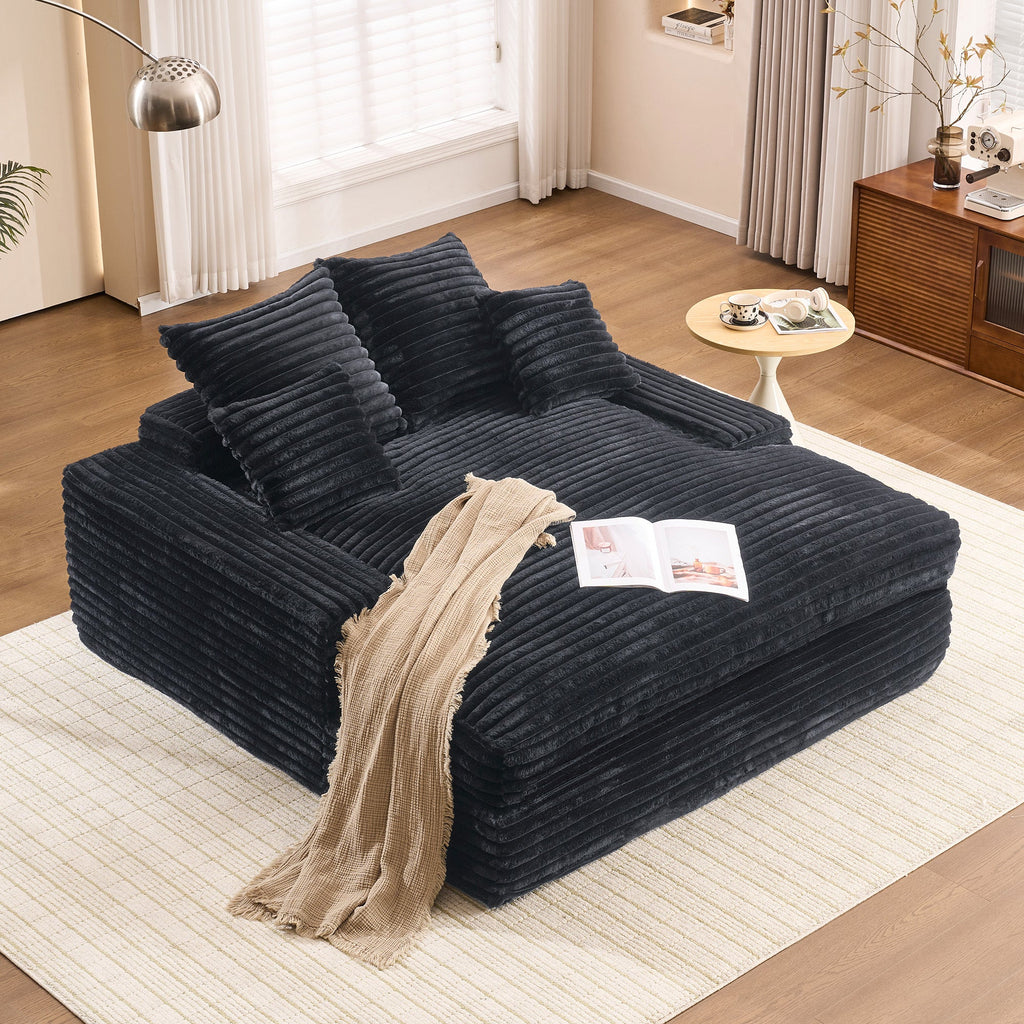 028DR-Oversized chaise Lounge chair, Upholstered Sleeper Sofa Bed with 4 Throw Pillows and Armrests, Corduroy Fabric Plush Lounge Chair Bed for Living Room, Apartment & Small Spaces, Black