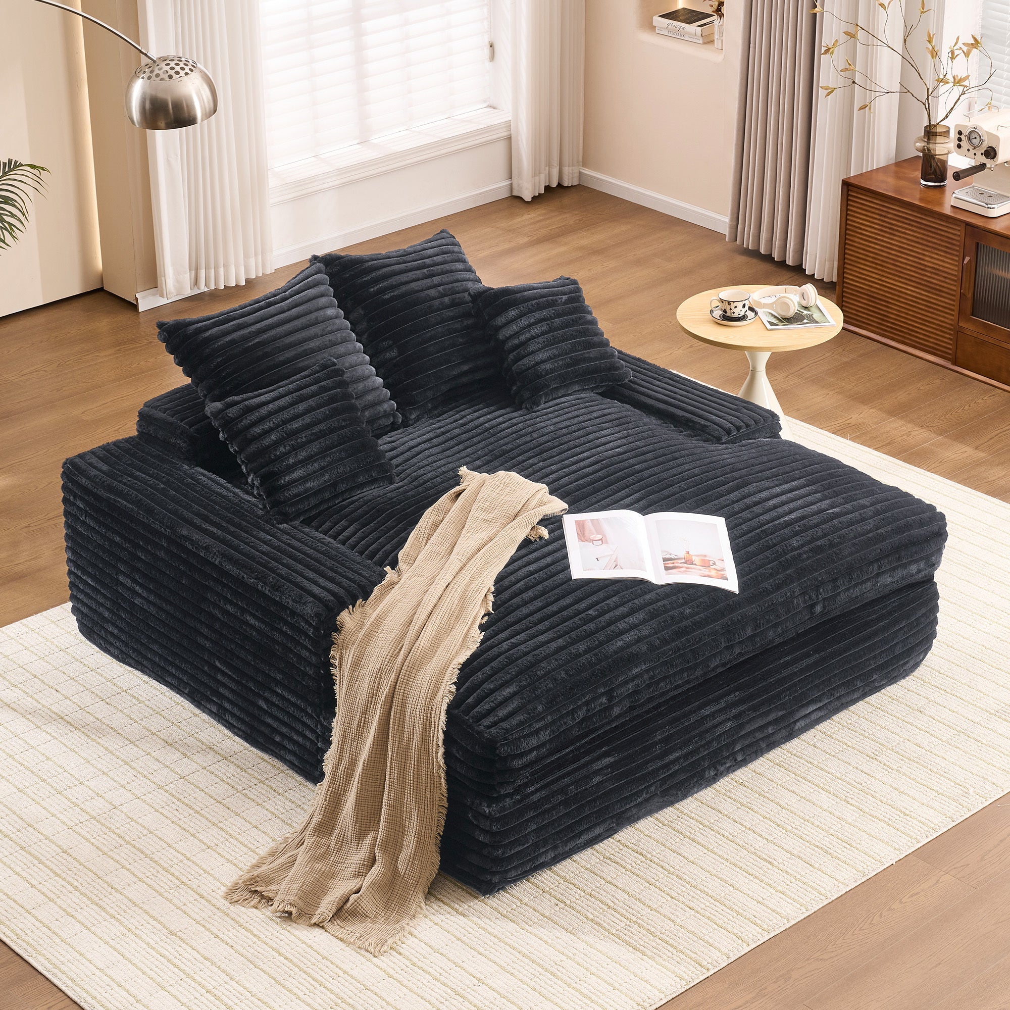 028DR-Oversized chaise Lounge chair, Upholstered Sleeper Sofa Bed with 4 Throw Pillows and Armrests, Corduroy Fabric Plush Lounge Chair Bed for Living Room, Apartment & Small Spaces, Black