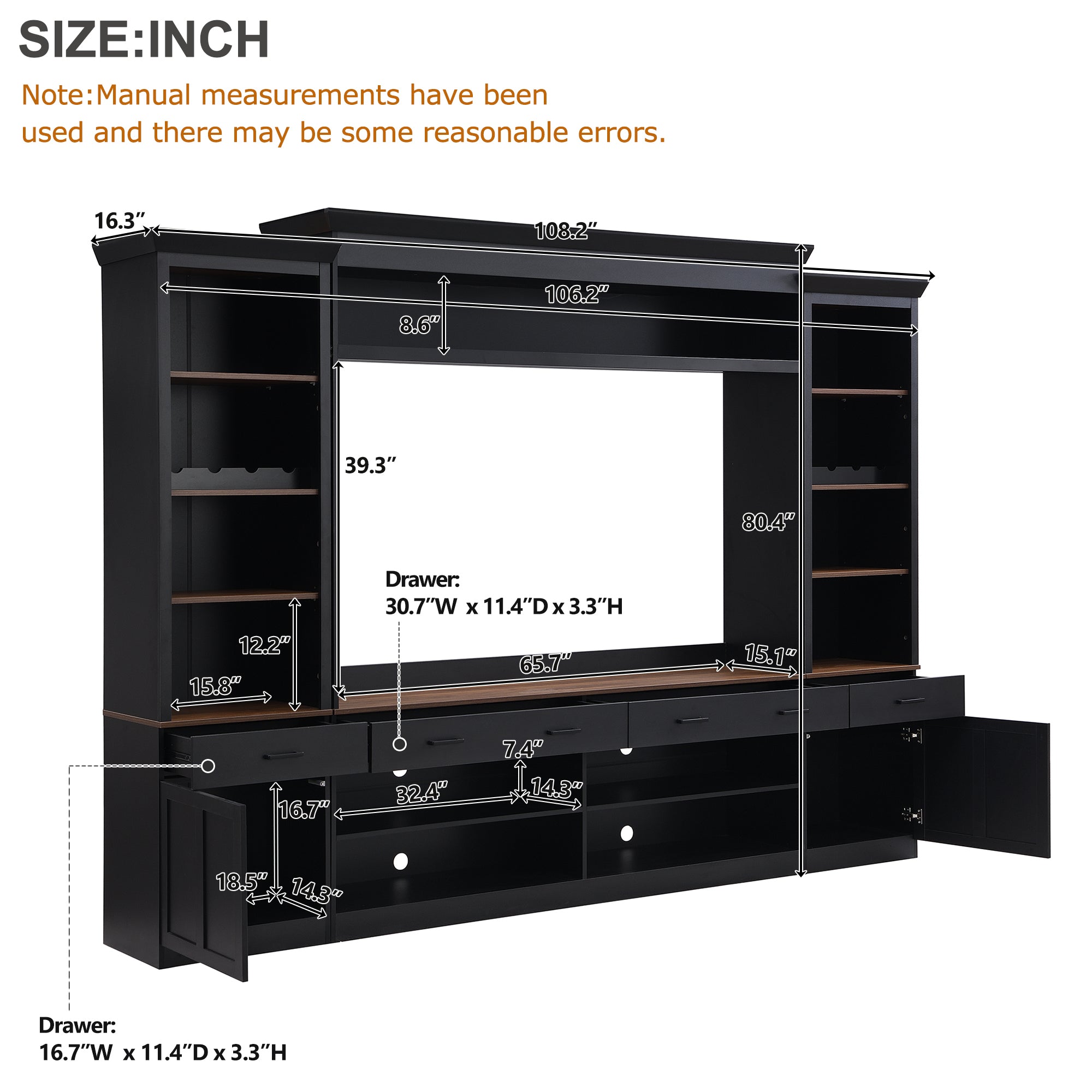 Black and dark walnut entertainment center angle view