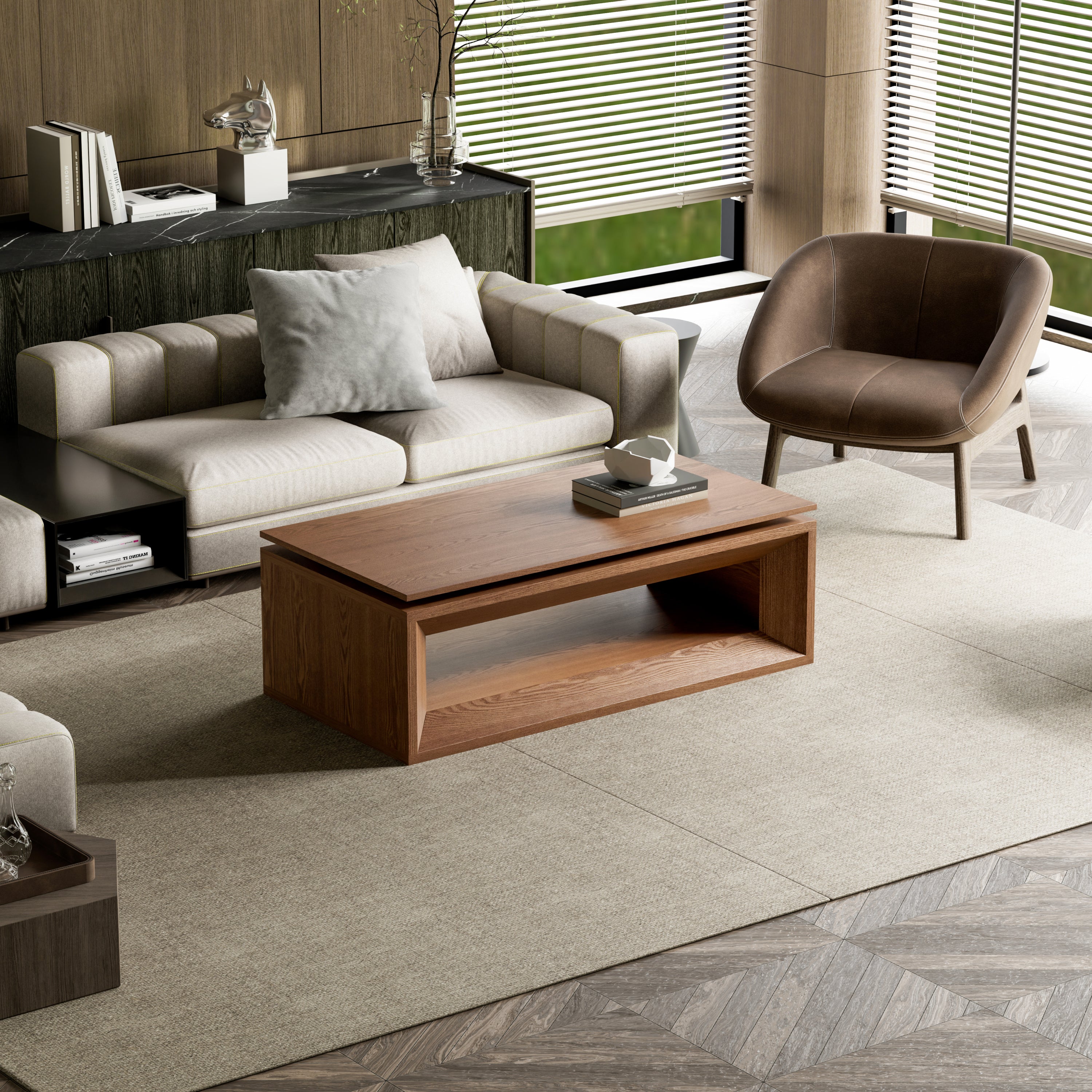 Walnut lift-top coffee table in living room setting