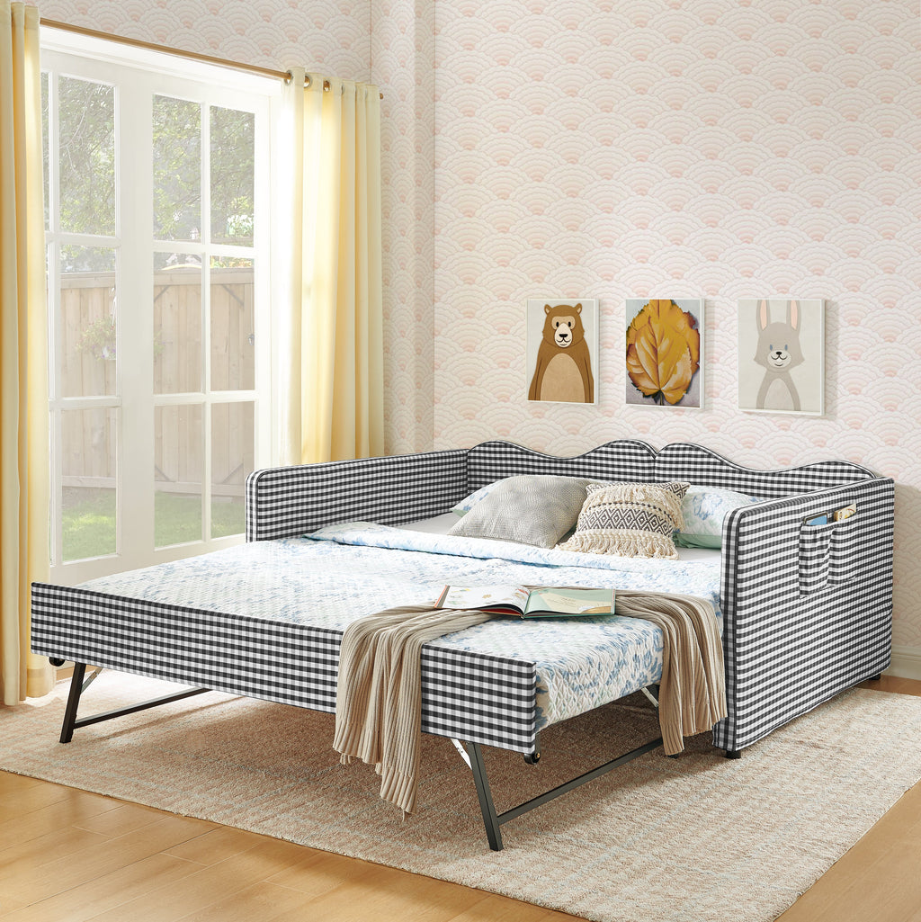 Full‑Size Daybed,Gingham Upholstered Daybed Equipped with Pull-Out Trundle Bed Frame & Side Storage Pocket, Solid Wood Frame Multi-Functional Sofa Bed for Kids Room & Guest Bedroom-PINK