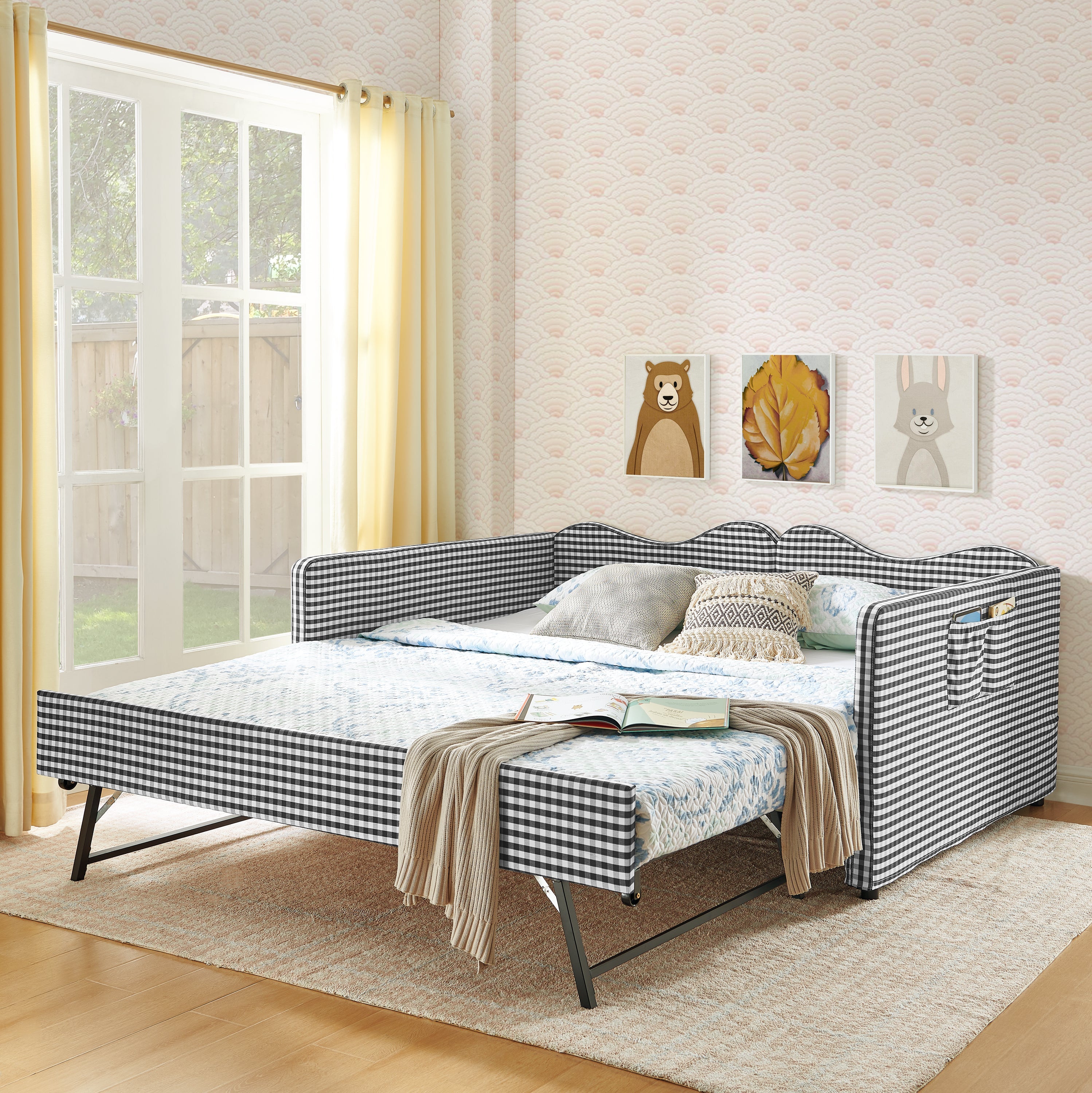 Full‑Size Daybed,Gingham Upholstered Daybed Equipped with Pull-Out Trundle Bed Frame & Side Storage Pocket, Solid Wood Frame Multi-Functional Sofa Bed for Kids Room & Guest Bedroom-PINK