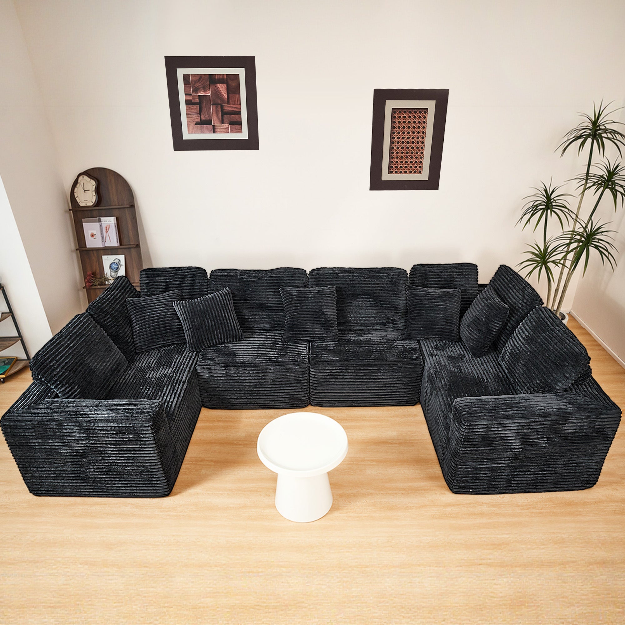 135.5-inch Modular U-Shaped Sectional Sofa, 6-Seater Chaise Lounge with Reversible Design, Striped Corduroy Fabric in Black–Customizable Living Room, Freely Configurable Layout.(Old Sku:W3276S00018)