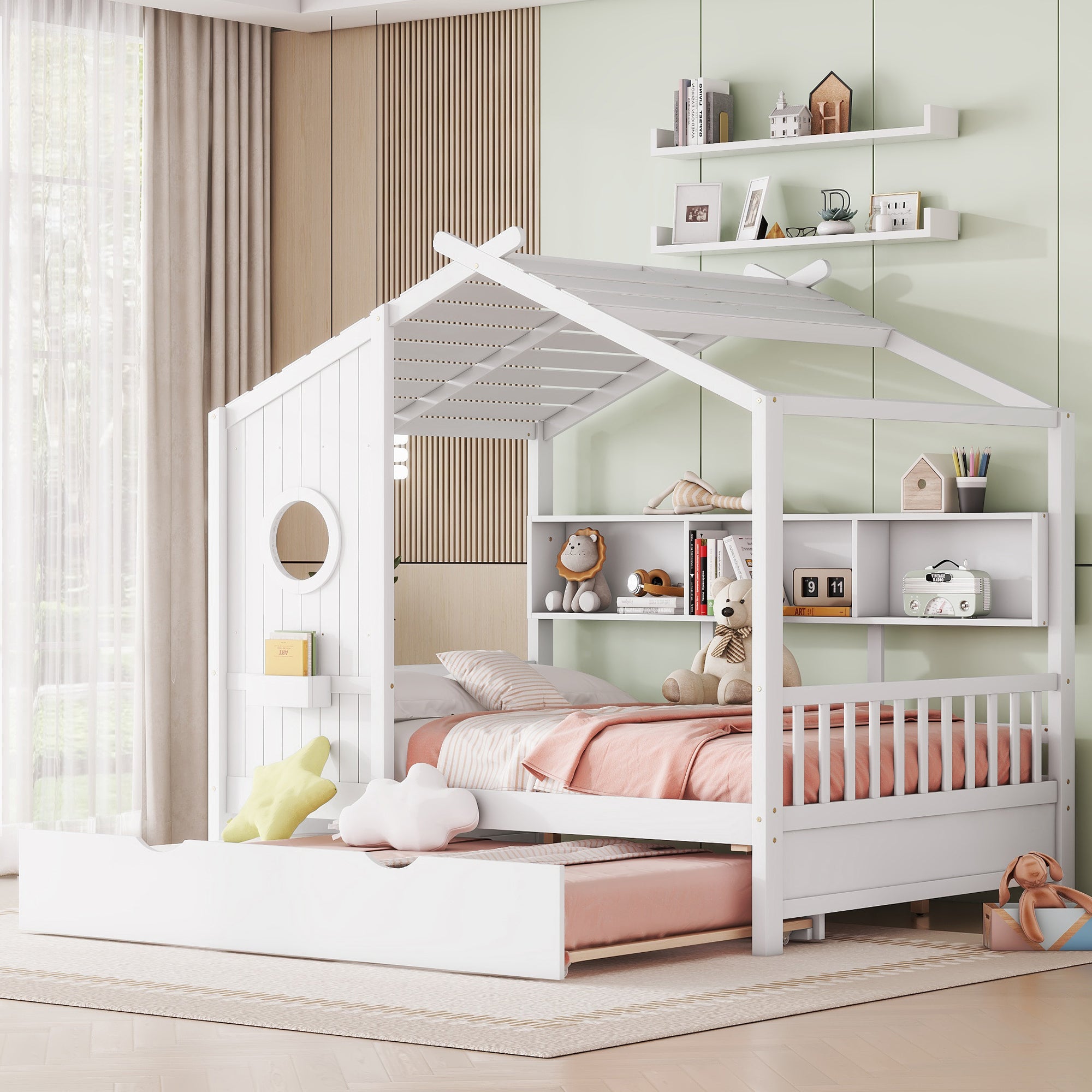 Wooden Full Size House Bed With Trundle, Modern Design for Kids with Storage Shlef, White(old SKU HL000095AAW)