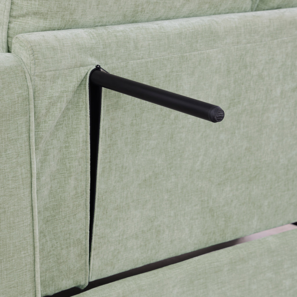 Cyan corduroy loveseat with two throw pillows