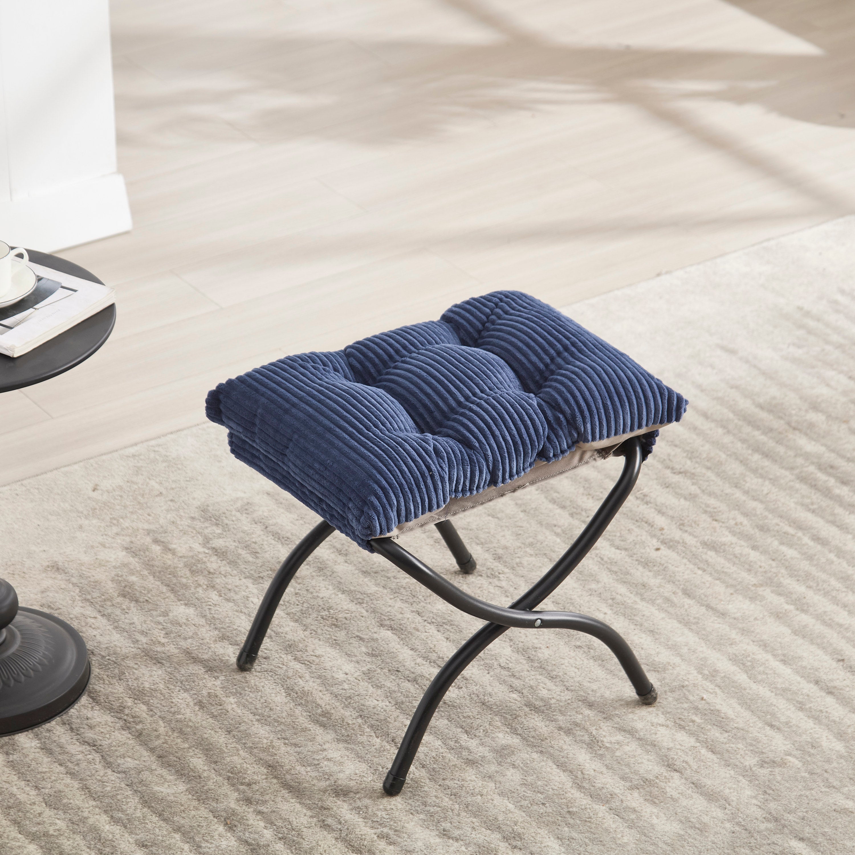 Navy blue flannelette lazy chair in living room setting