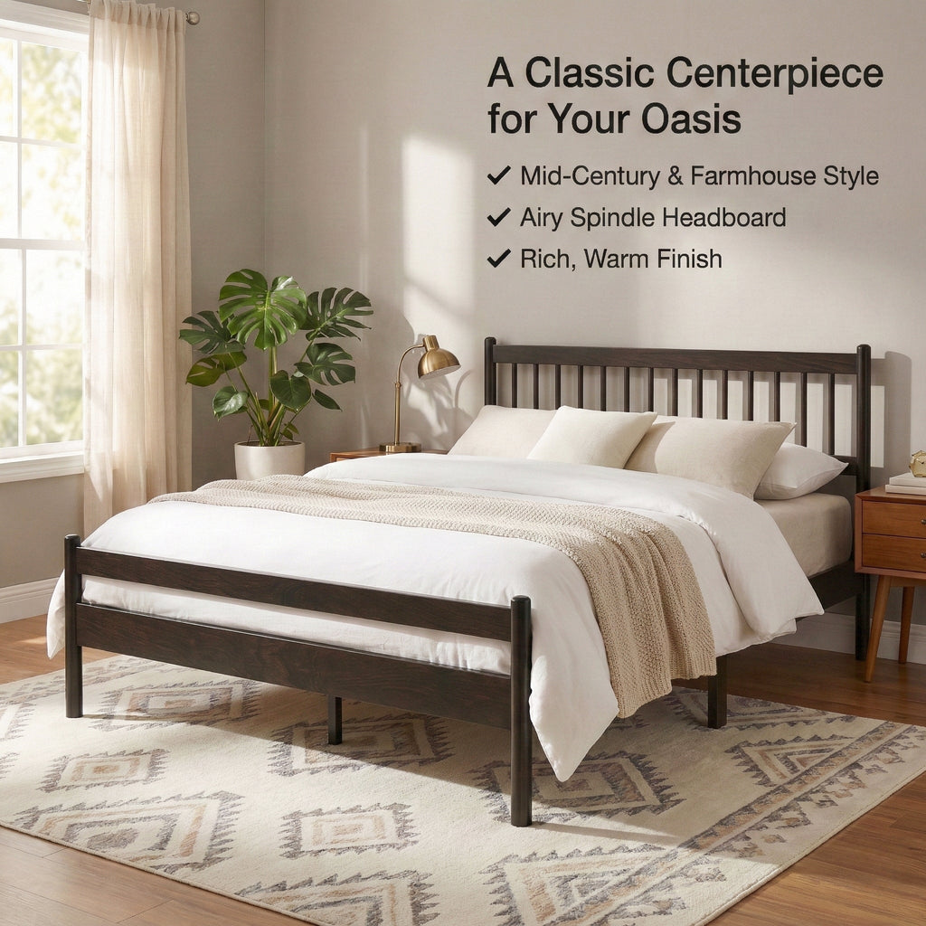 Traditional Style Queen Size Bed with Headboard and Footboard, Pinewood Bed with Strengthened Bed Frame ,Walnut