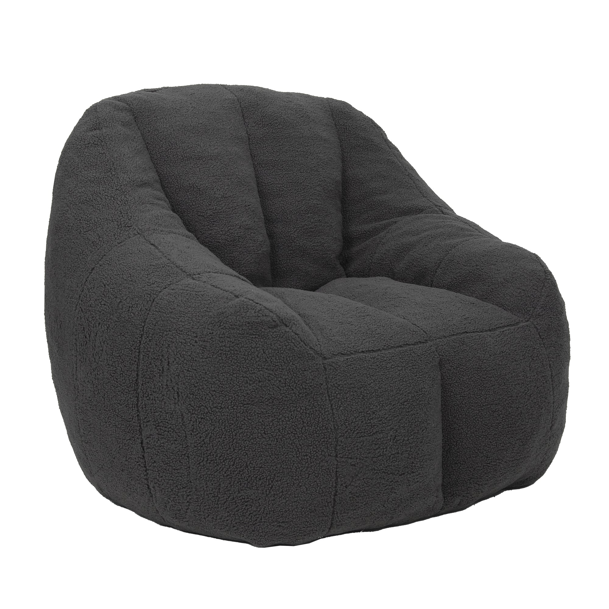 Dark gray teddy tufted bean bag sofa chair with armrests — front view