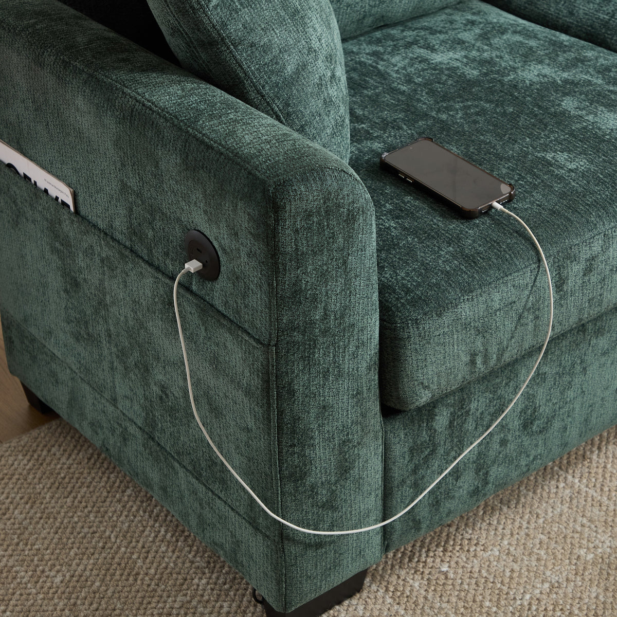Modern Storage Sofa with Dual USB, 2 Side Pockets,Ottoman Storage Bench Cloud Sectional Chenille Sofa Oversized,4-Seat, L-Shaped Couch,Black