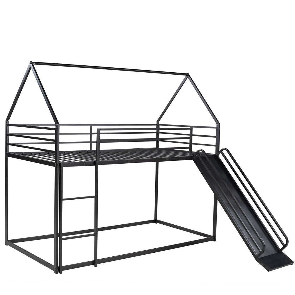 Twin-over-Twin House Bunk Bed with Slide & Ladder — Metal Frame