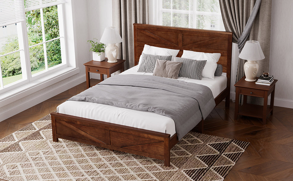 Farmhouse Style Queen Size Bed with Barn Door Designed Headboard and Footboard, Pinewood Bed with Strengthened Bed Frame ,White
