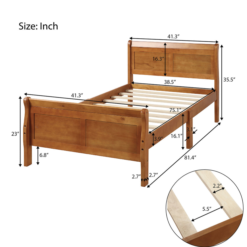 Oak twin bed frame with wood slat support