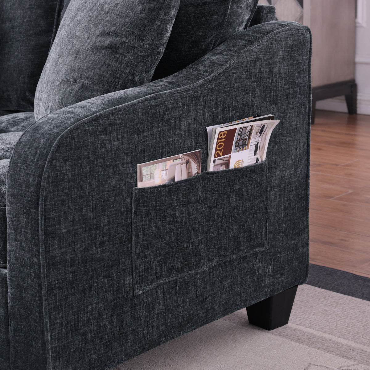 Two-seater sofa, double sofa chaise longue, with irregular armrests and backrests, footrest with storage space, comes with two small throw pillows, suitable for living room and bedroom -Blue