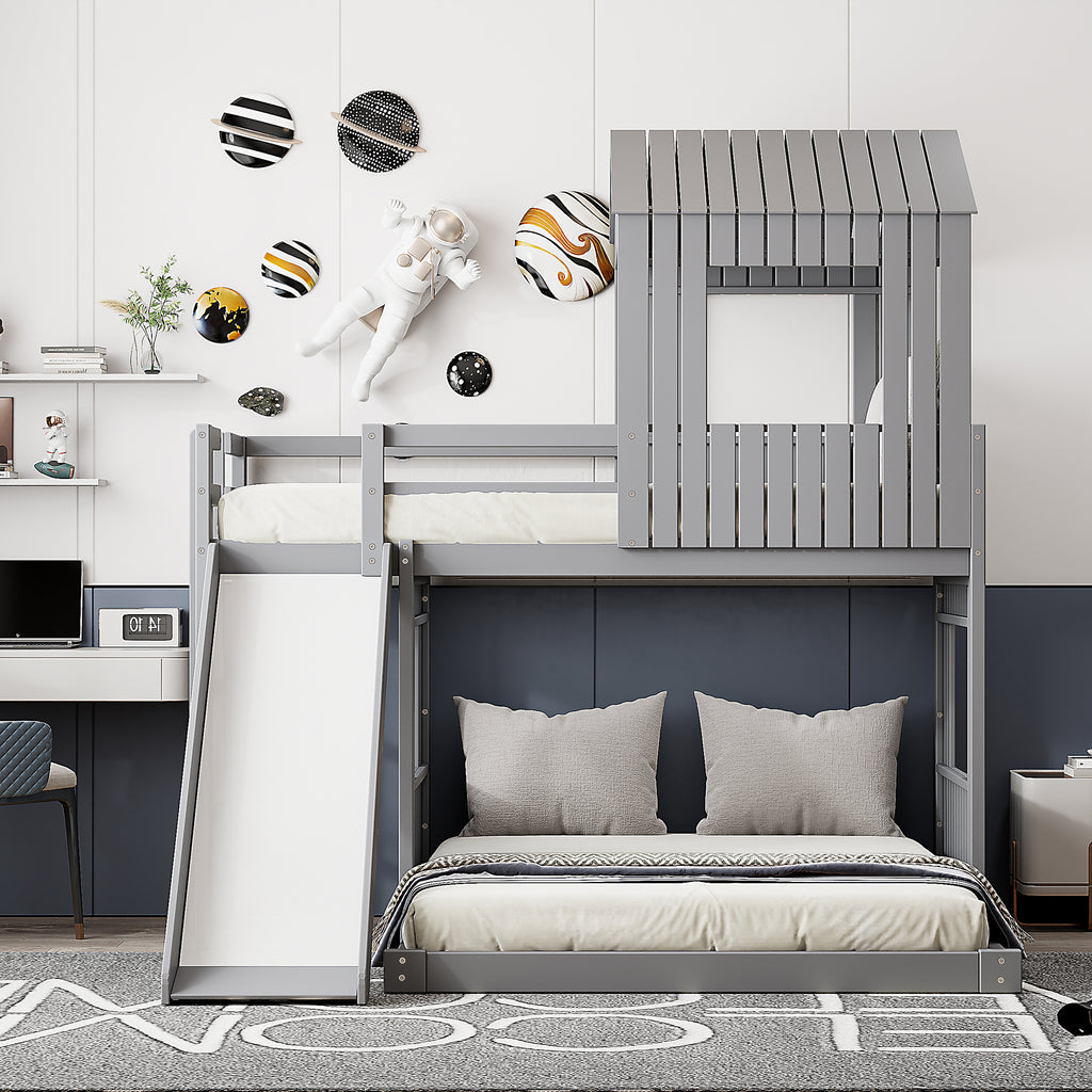 Playhouse loft bunk bed in gray with built-in slide — angle view