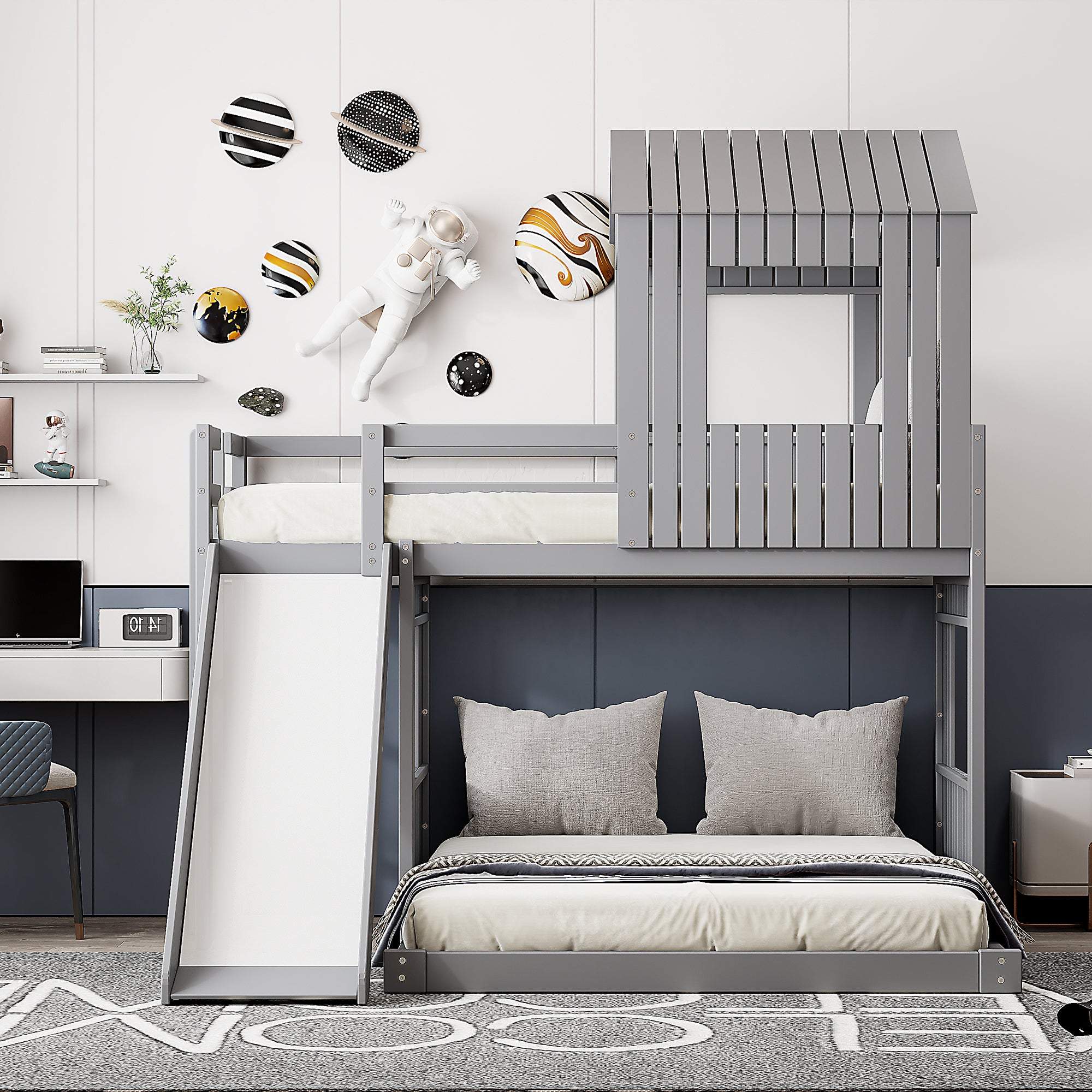 Playhouse loft bunk bed in gray with built-in slide — angle view