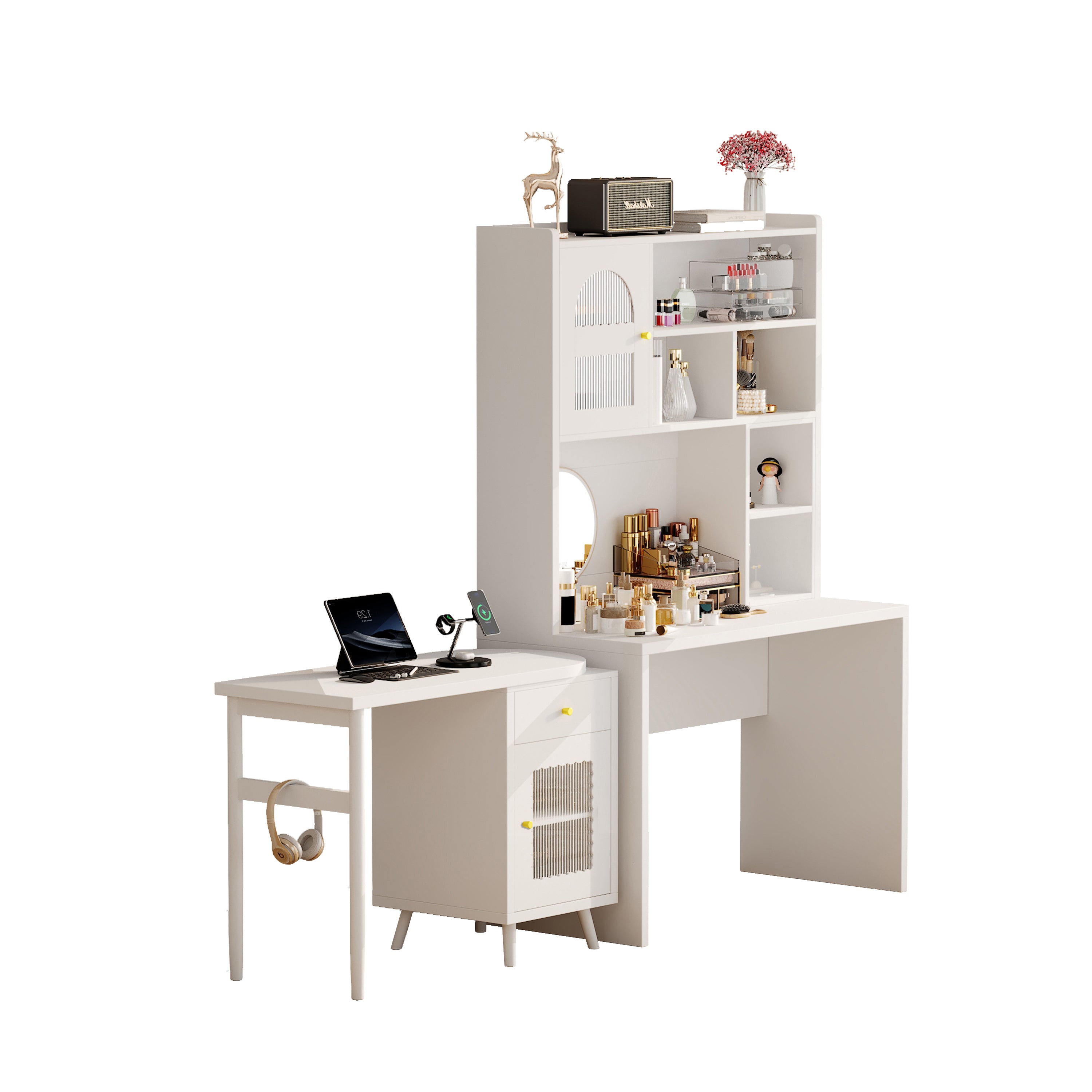 Computer desk drawer and glass cabinet storage organization