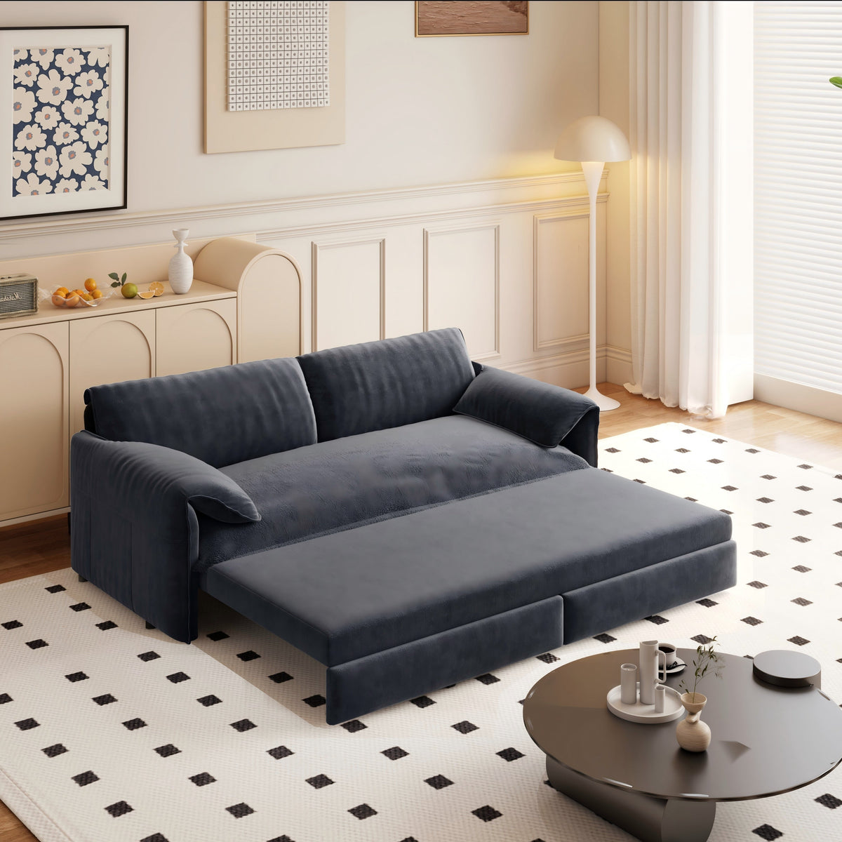66' Queen Pull Out Sofa Bed, 3-in-1 Convertible Sleeper Sofa with Side Storage,Multi-Functional Velvet Loveseat Bed for Living Room, Black