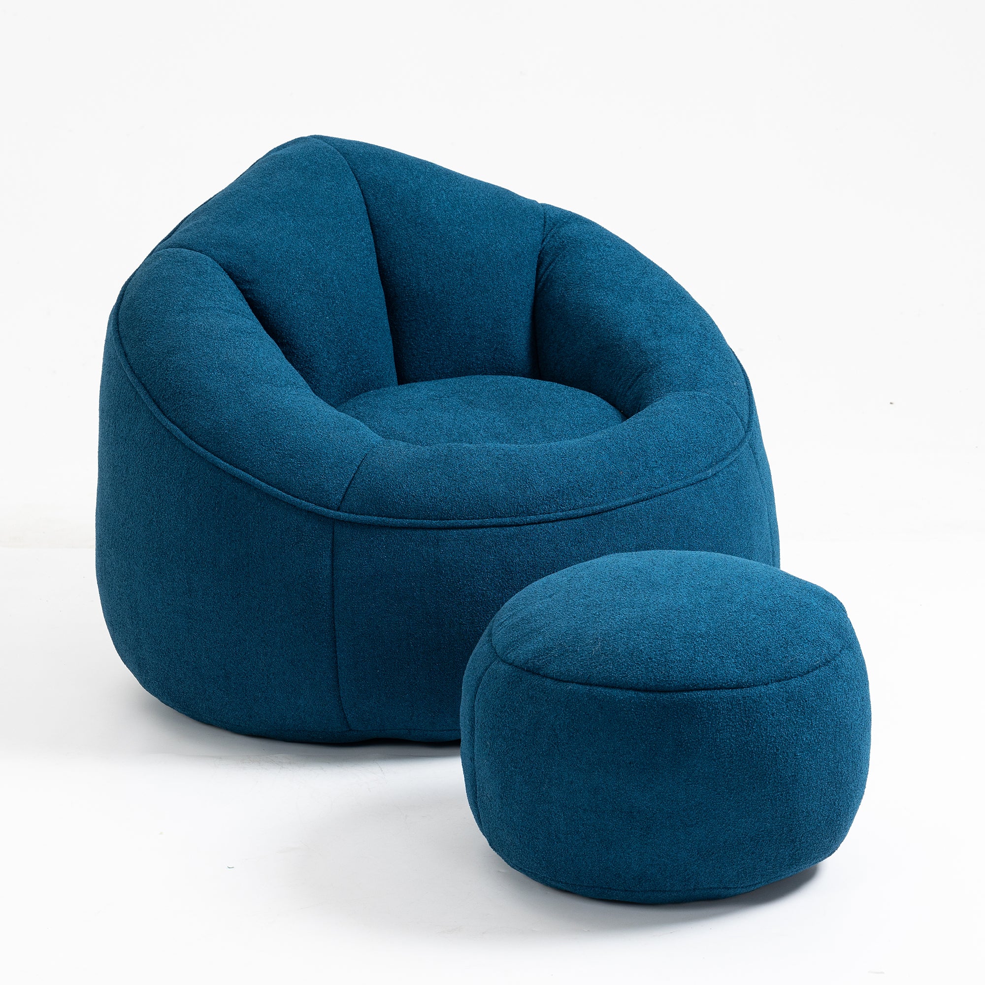 Blue microfiber bean bag chair with footrest — front view