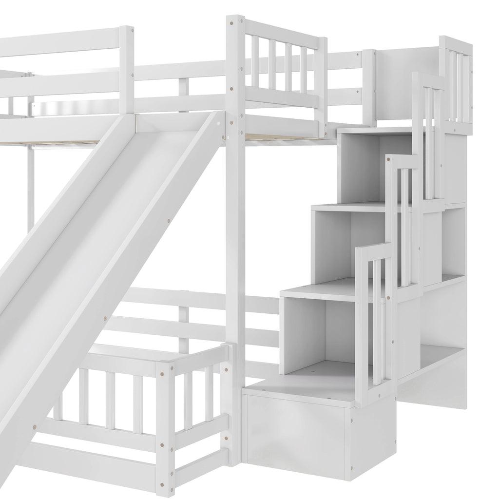 Twin Over Full Bunk Bed with Slide, Storage Staircase, Pine Solid Wooden Bunk Bed with Safety Guardrails ,Grey (Old Sku W504S00184)