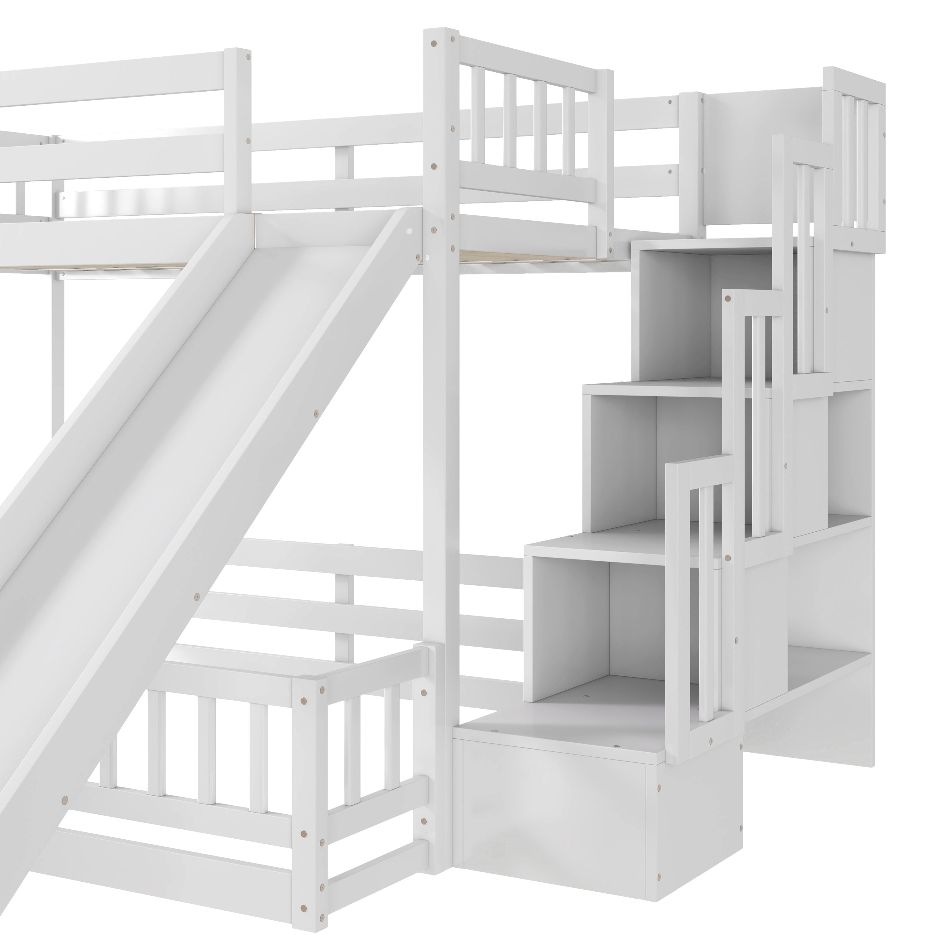 Twin Over Full Bunk Bed with Slide, Storage Staircase, Pine Solid Wooden Bunk Bed with Safety Guardrails ,Grey (Old Sku W504S00184)