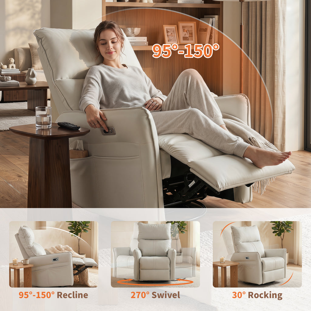 PU leather electric recliner in light gray — angle view