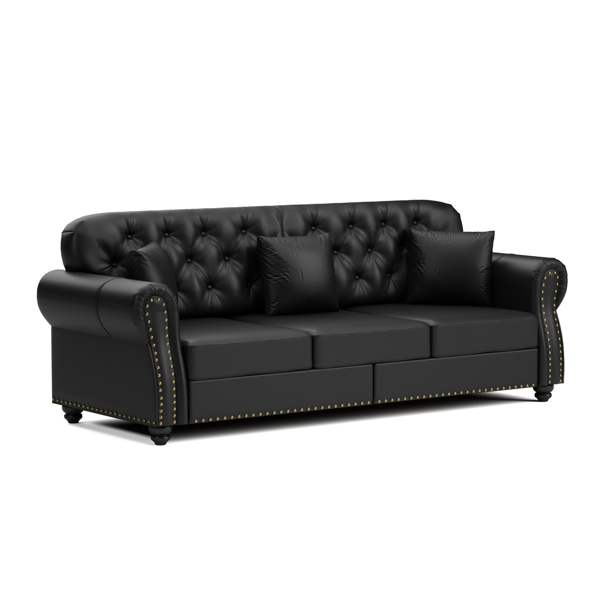 82.6'Upholstered Faux Leather Sofa with Nailhead Trim and Rolled Armrests,Mid-Century Modern Chesterfield Sofa with Button Tufted,Includes 3 Pillows,Black