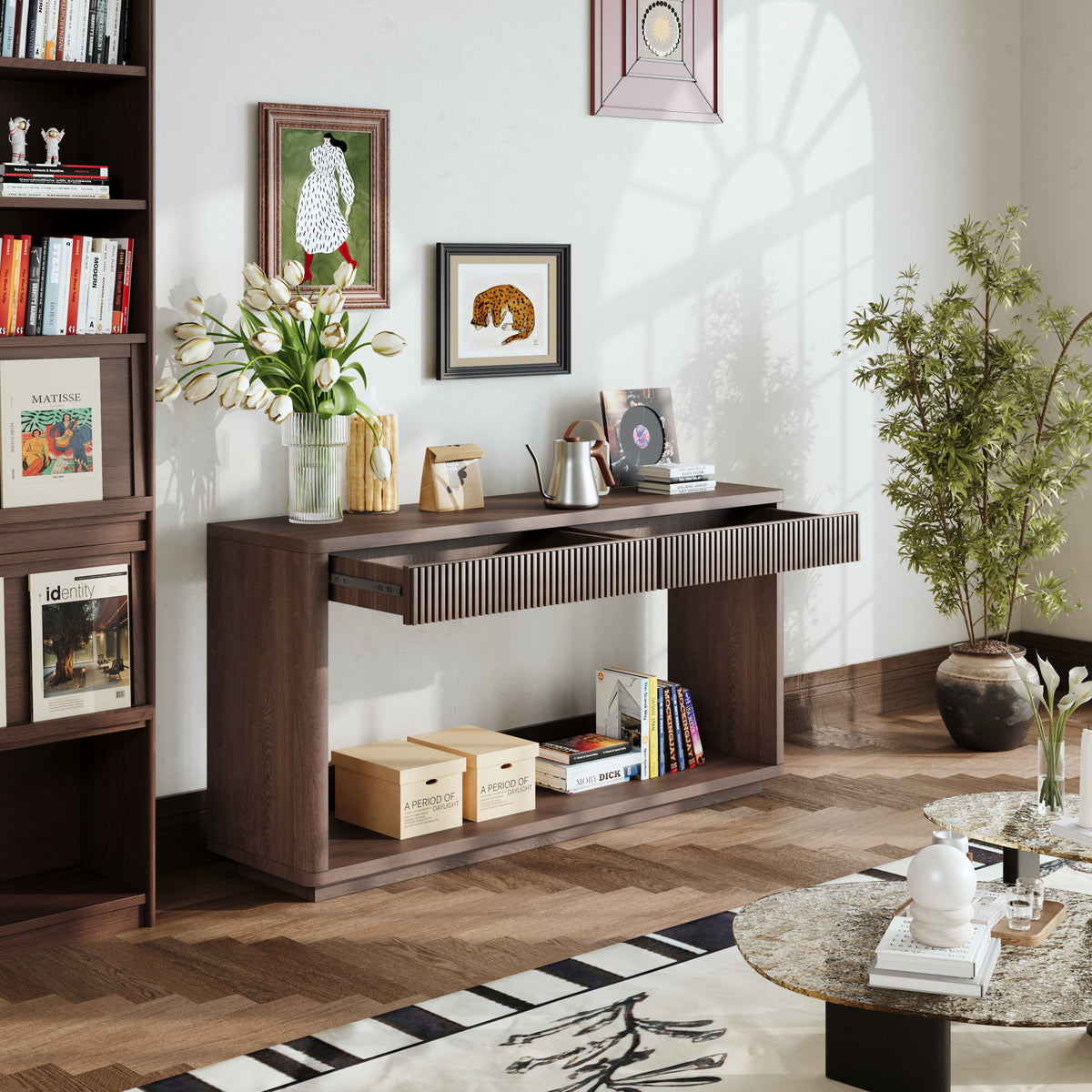 60' Modern 2-Drawer Fluted Console Table Natural Wood Veneer Sofa Table Behind Couch Table for Living Room, Hallway, Entryway, Home Office, Natural Wood