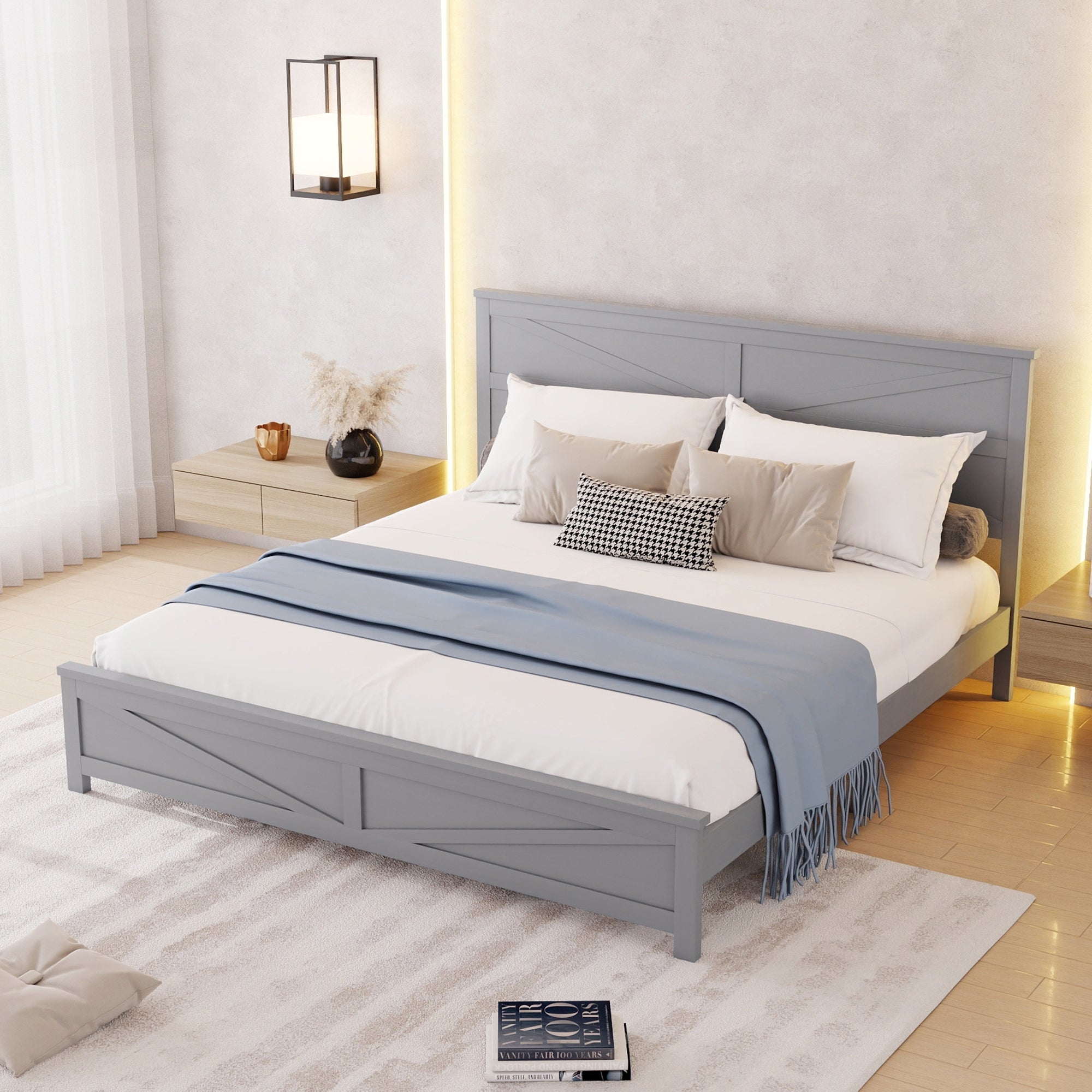 Farmhouse Style King Size Bed with Barn Door Designed Headboard and Footboard, Pinewood Bed with Strengthened Bed Frame,White