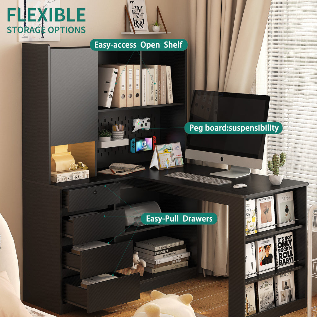 L-shaped desk integrated bookshelf tower detail in black finish