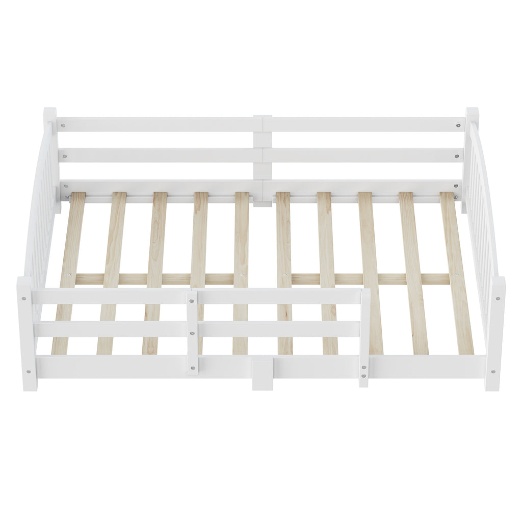 Full Montessori Floor Bed with Slats and Safety Guardrails, Solid Wood Floor Bed with Fence and Without Door, Easy Assemble Montessori Bed for Girls and Boys, Gray