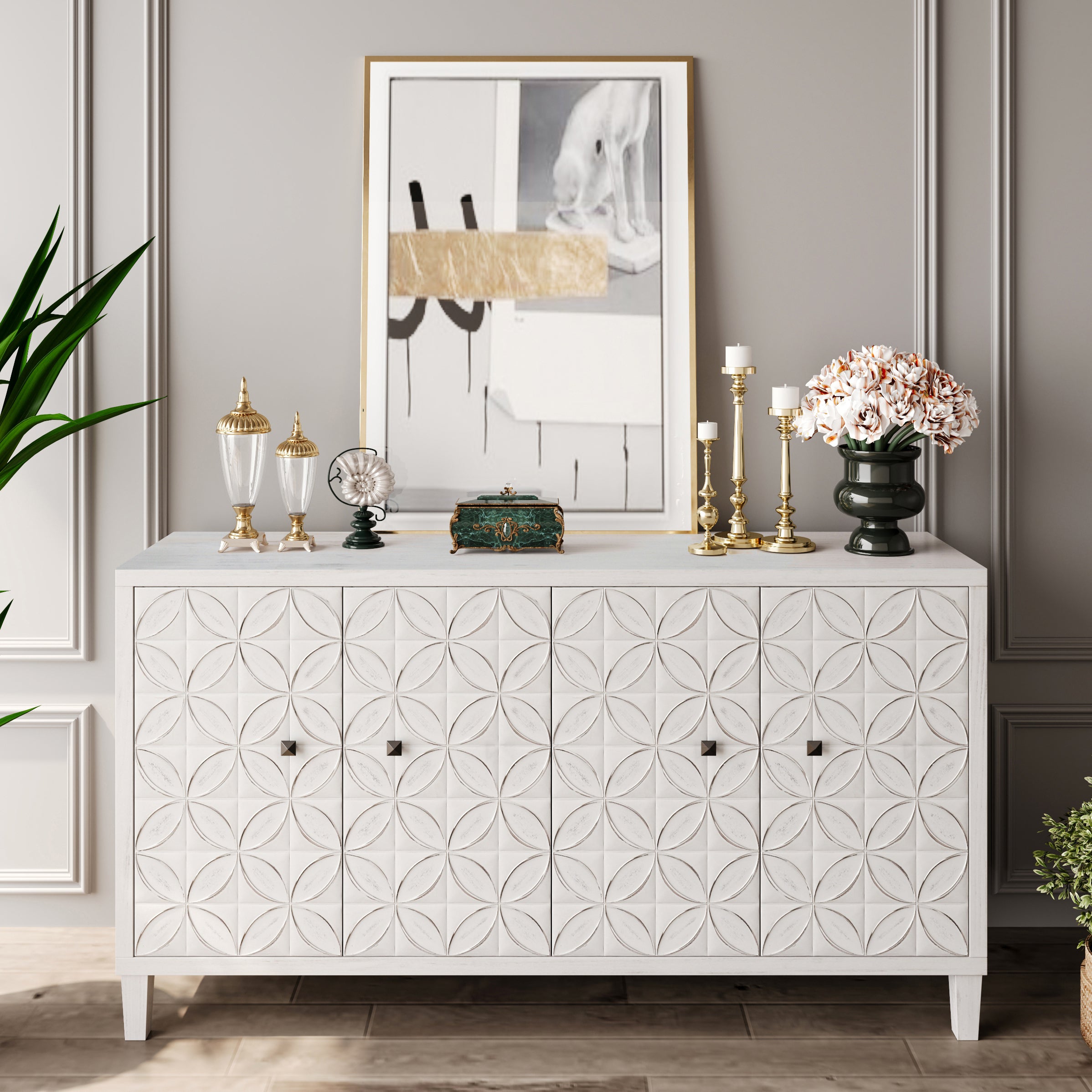 White washed buffet cabinet dining room storage