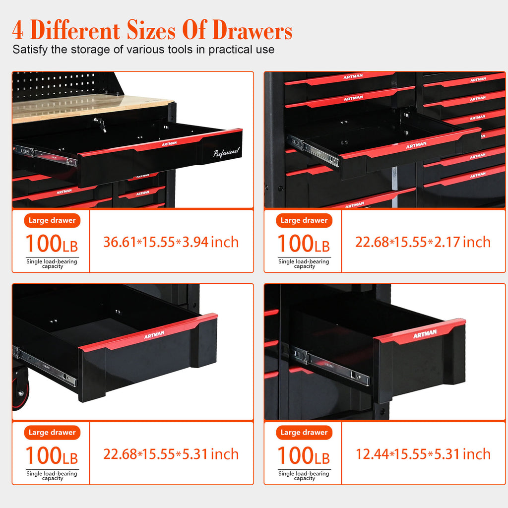 Heavy-duty tool cart side pull handle movement detail